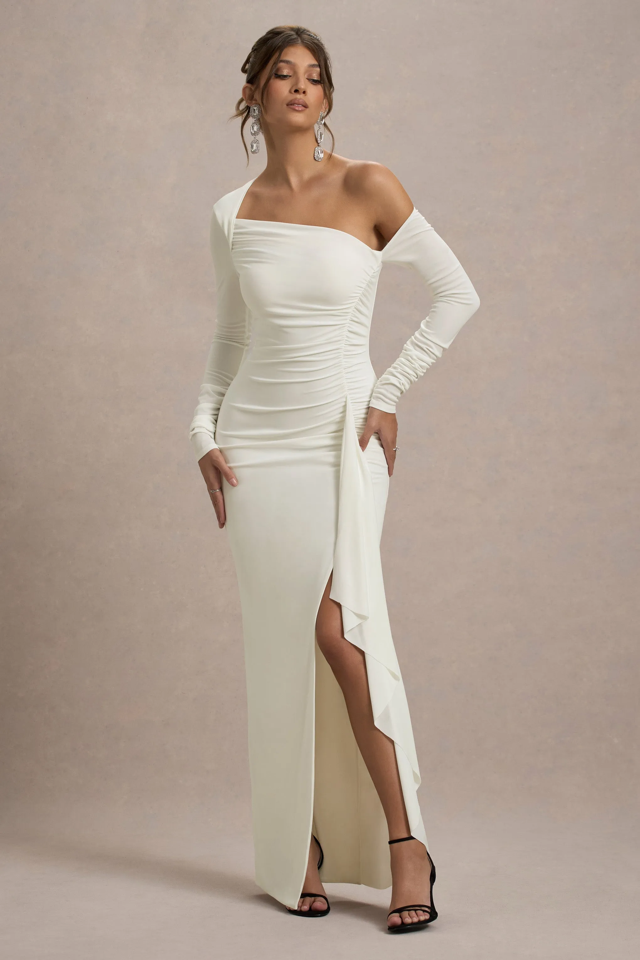 Nerina | Cream Asymmetric Long-Sleeve Split Maxi Dress sold by Club L London product image thumbnail 4