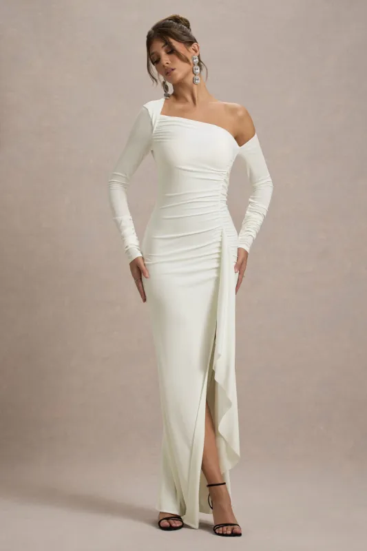 Nerina | Cream Asymmetric Long-Sleeve Split Maxi Dress sold by Club L London