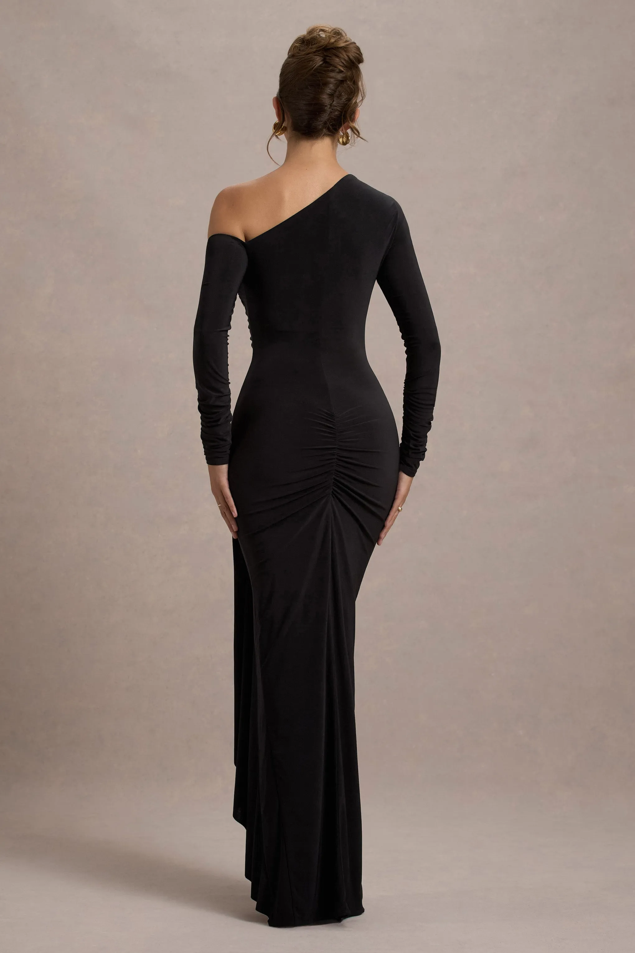 Nerina | Black Asymmetric Long-Sleeve Split Maxi Dress sold by Club L London product image thumbnail 2