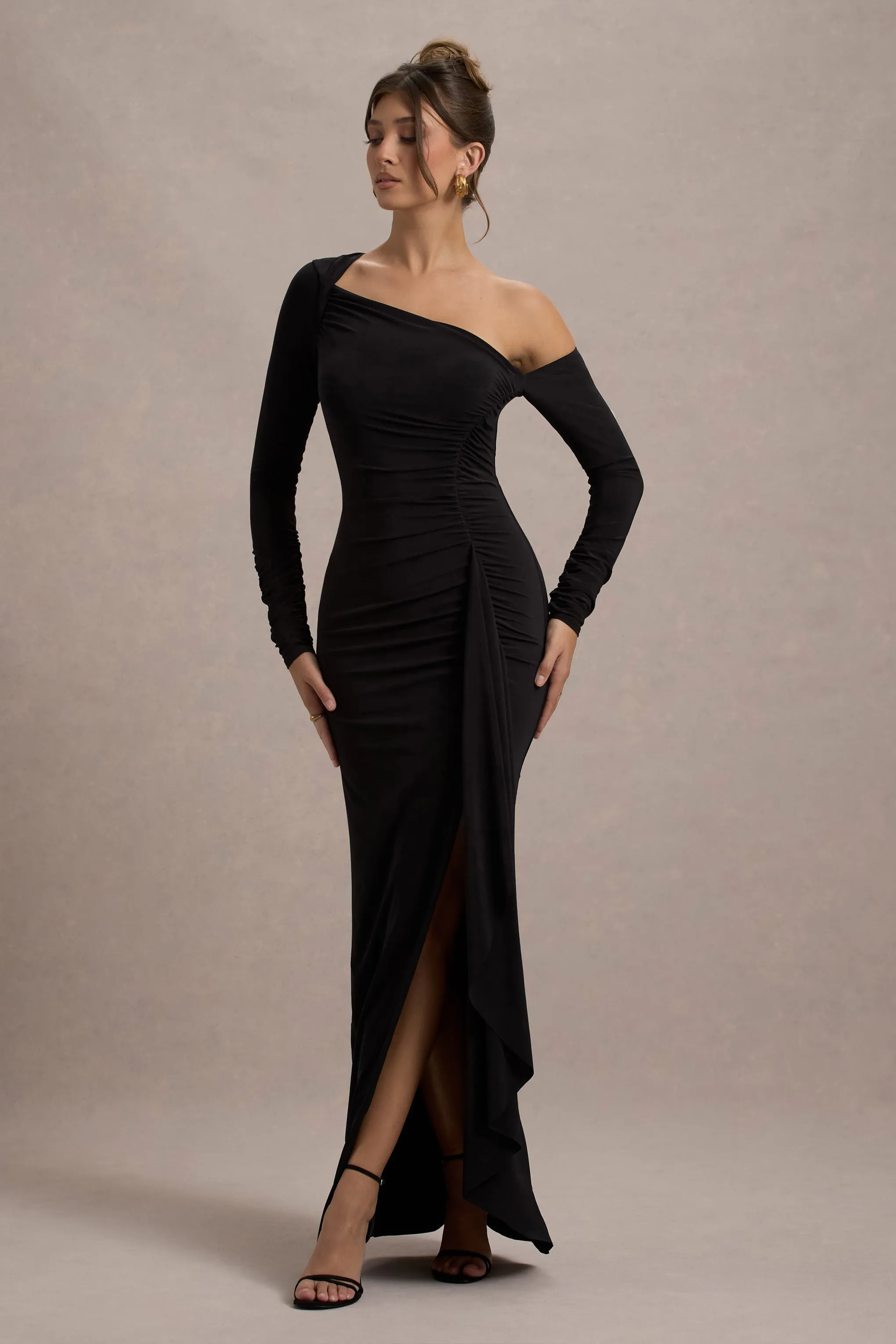 Nerina | Black Asymmetric Long-Sleeve Split Maxi Dress sold by Club L London product image thumbnail 4