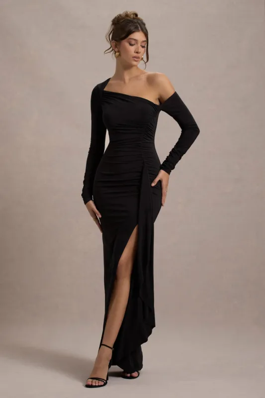 Nerina | Black Asymmetric Long-Sleeve Split Maxi Dress sold by Club L London