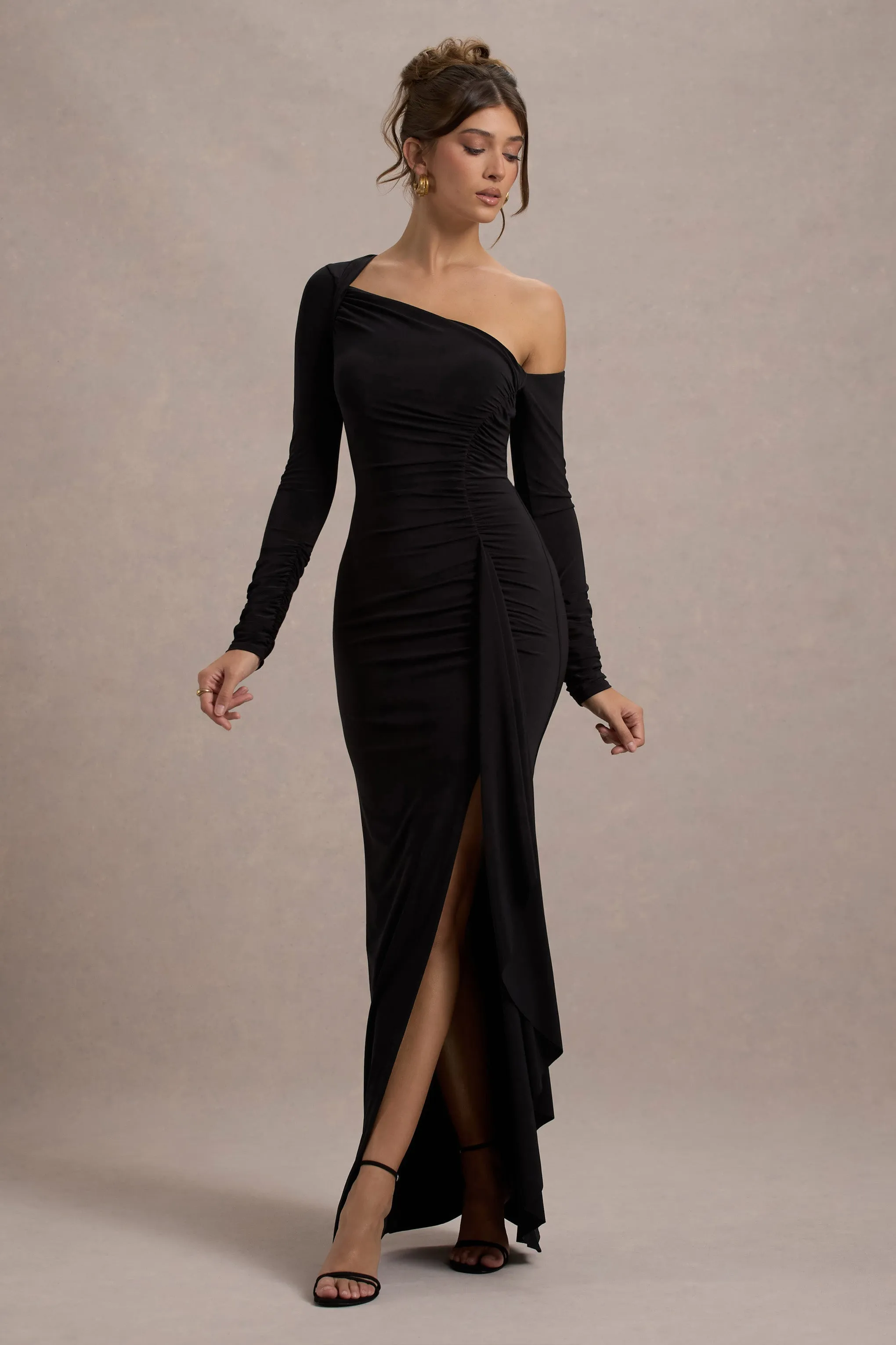 Nerina | Black Asymmetric Long-Sleeve Split Maxi Dress sold by Club L London product image thumbnail 5