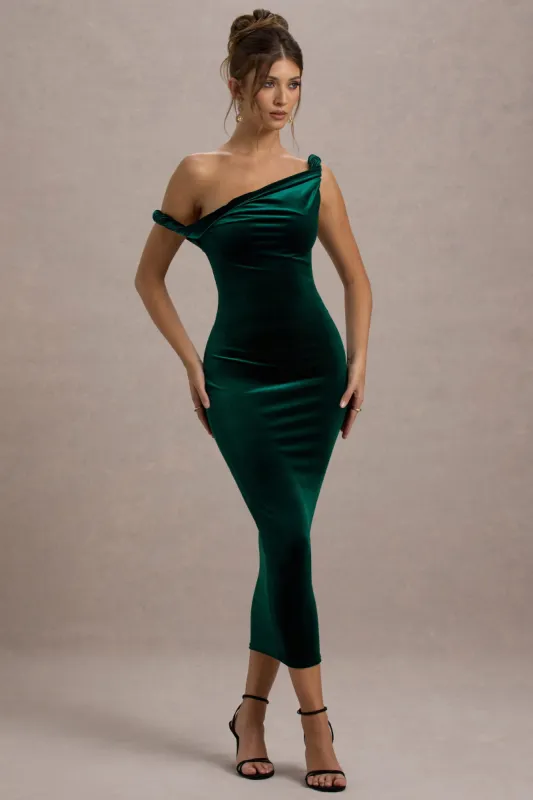 Carella | Bottle Green Velvet Twisted Asymmetric Midi Dress sold by Club L London