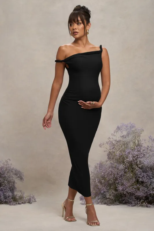 Salome | Black Twisted Asymmetric Maternity Midi Dress sold by Club L London