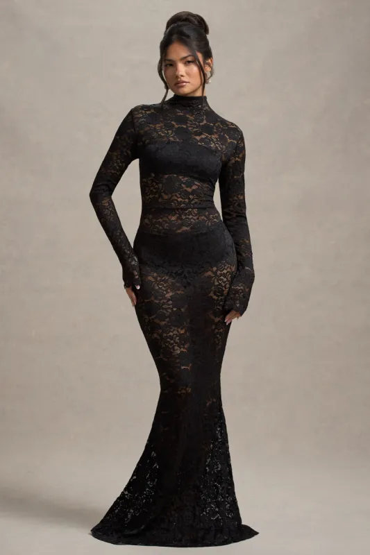 Delevingne | Black Lace Sheer Long-Sleeve Maxi Dress sold by Club L London