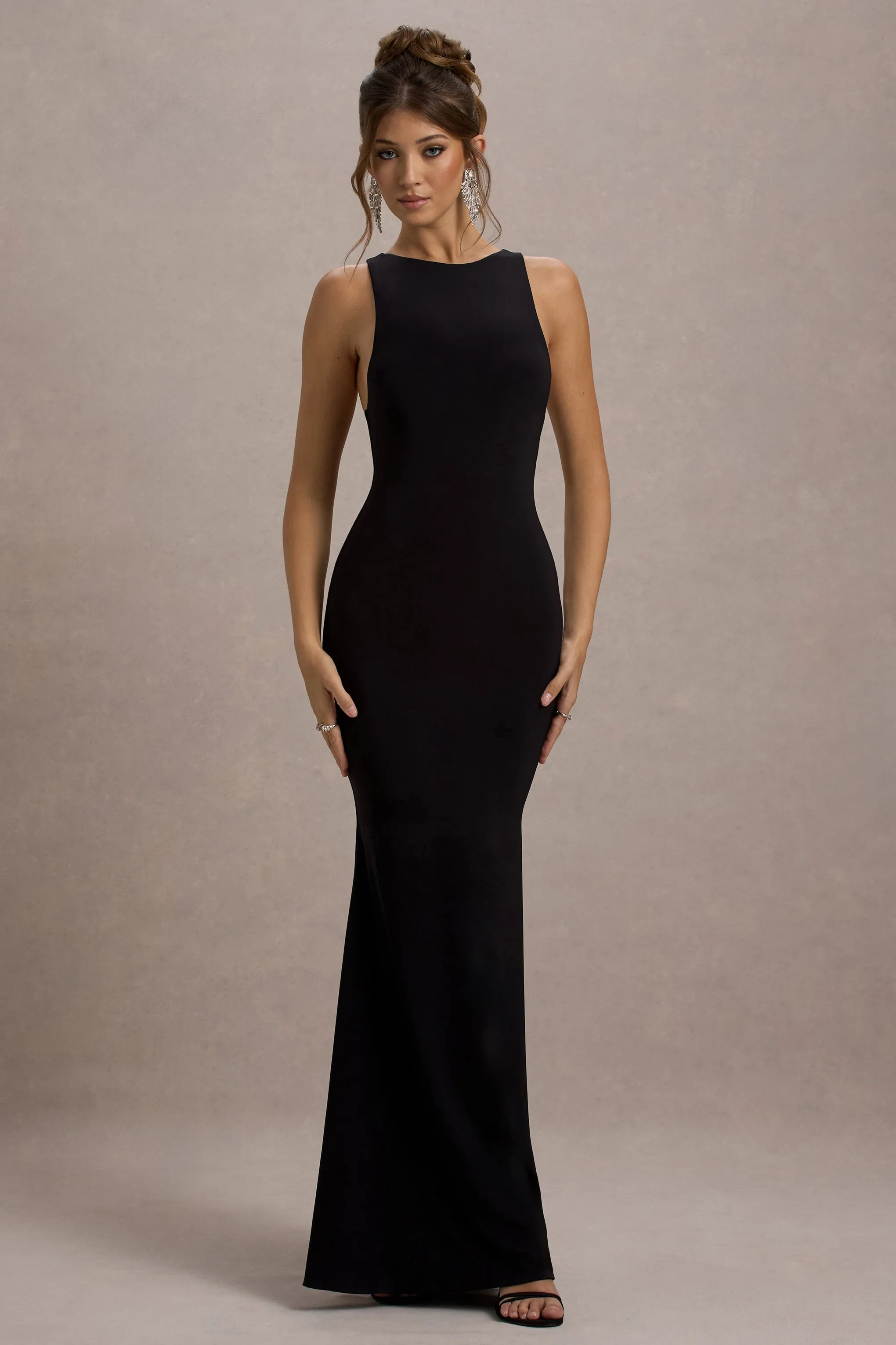 Odelle | Black Boat-Neck Racer-Back Maxi Dress sold by Club L London