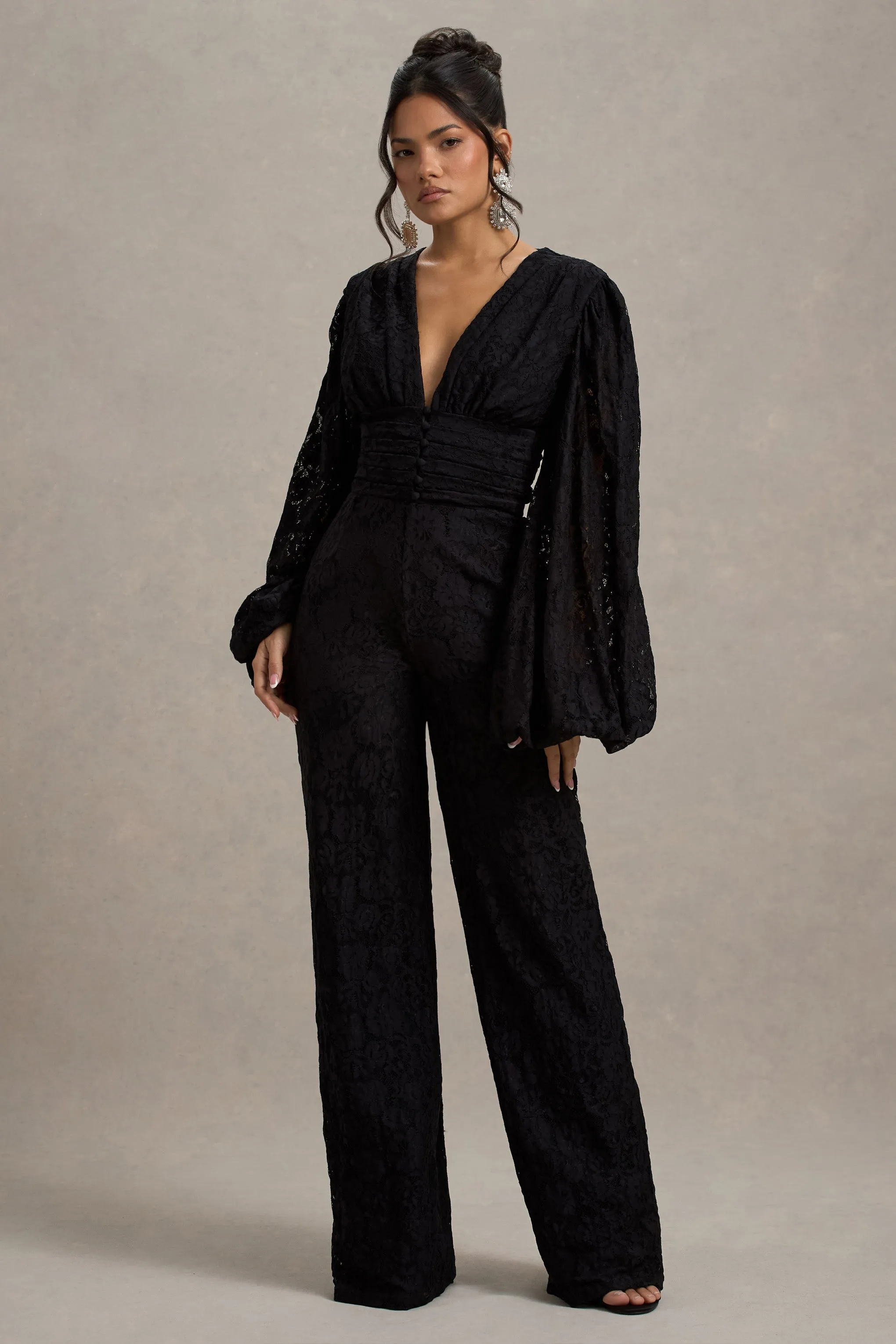 Calamina | Black Lace Plunge-Neck Wide-Leg Jumpsuit sold by Club L London product image thumbnail 4