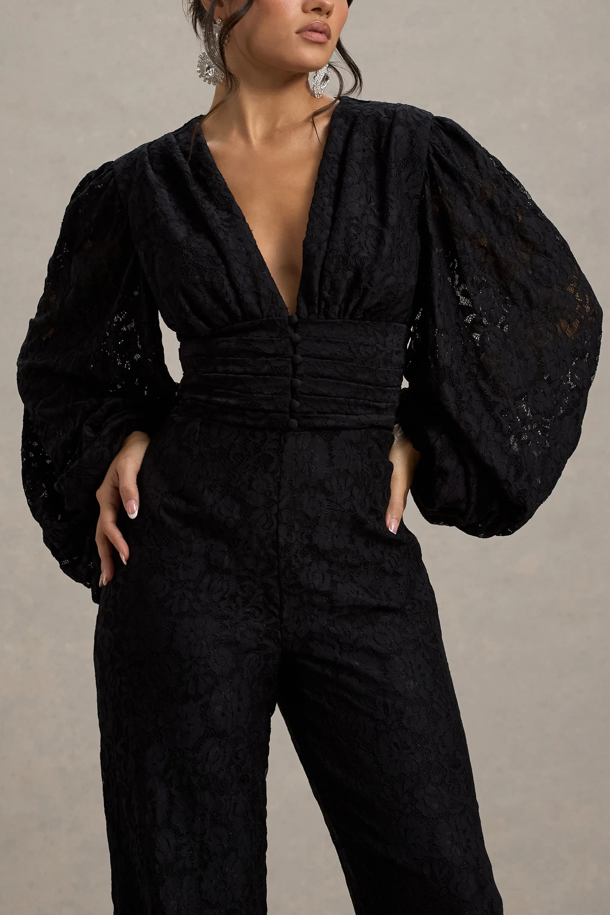 Calamina | Black Lace Plunge-Neck Wide-Leg Jumpsuit sold by Club L London product image thumbnail 3