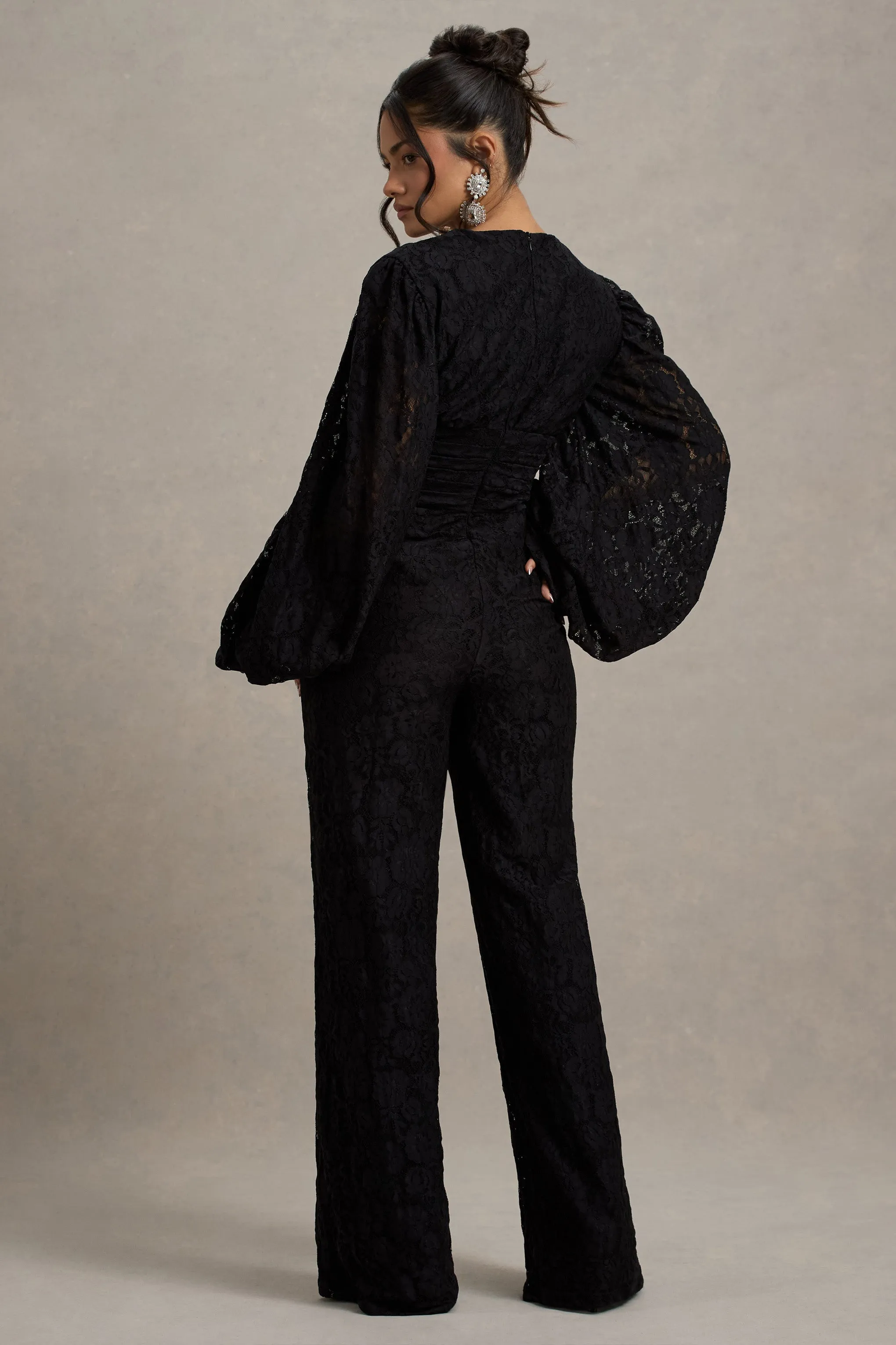 Calamina | Black Lace Plunge-Neck Wide-Leg Jumpsuit sold by Club L London product image thumbnail 2