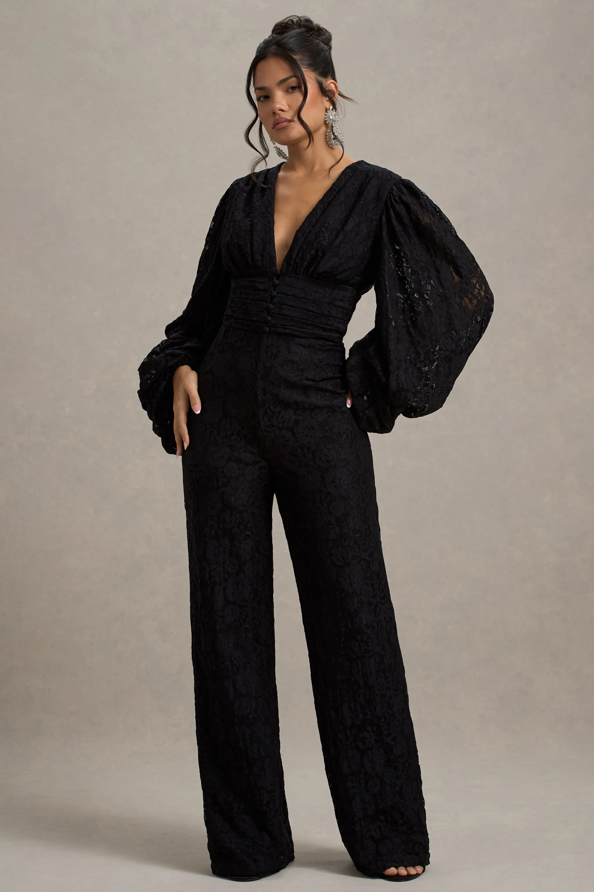 Calamina | Black Lace Plunge-Neck Wide-Leg Jumpsuit sold by Club L London product image thumbnail 5