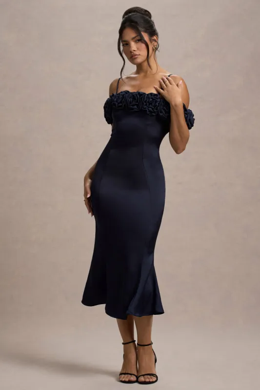 Petunia | Navy Satin Floral Bardot Midi Dress sold by Club L London