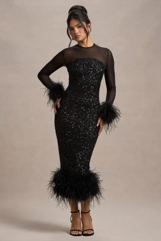 Afterglow | Black Sequin Long-Sleeve Midi Dress With Feather Trims sold by Club L London