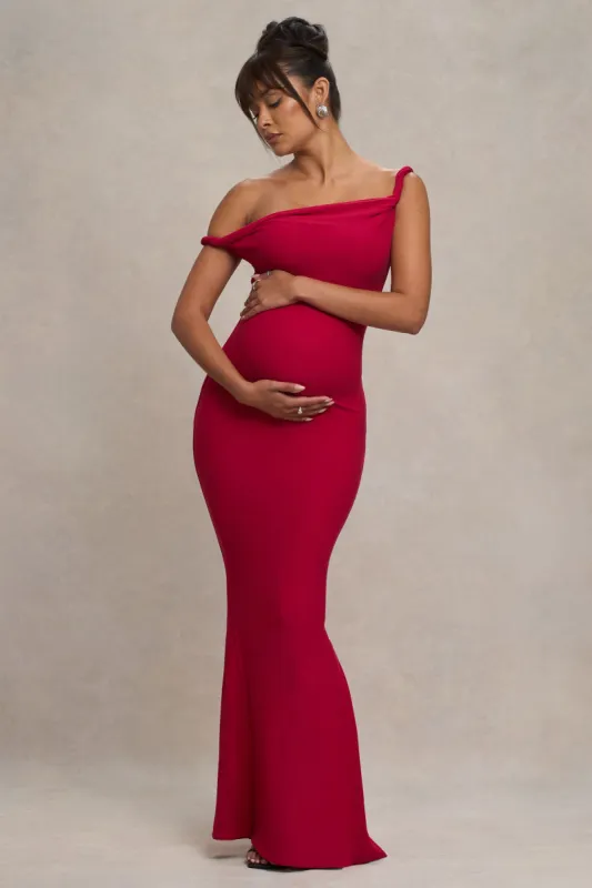 Lita | Red Twisted Asymmetric Maternity Maxi Dress sold by Club L London