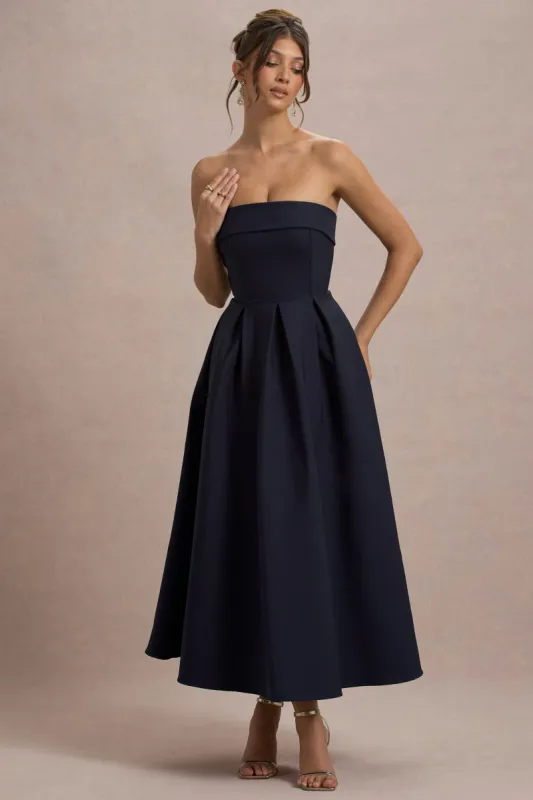 Annalise | Navy Bandeau Skater Midi Dress sold by Club L London