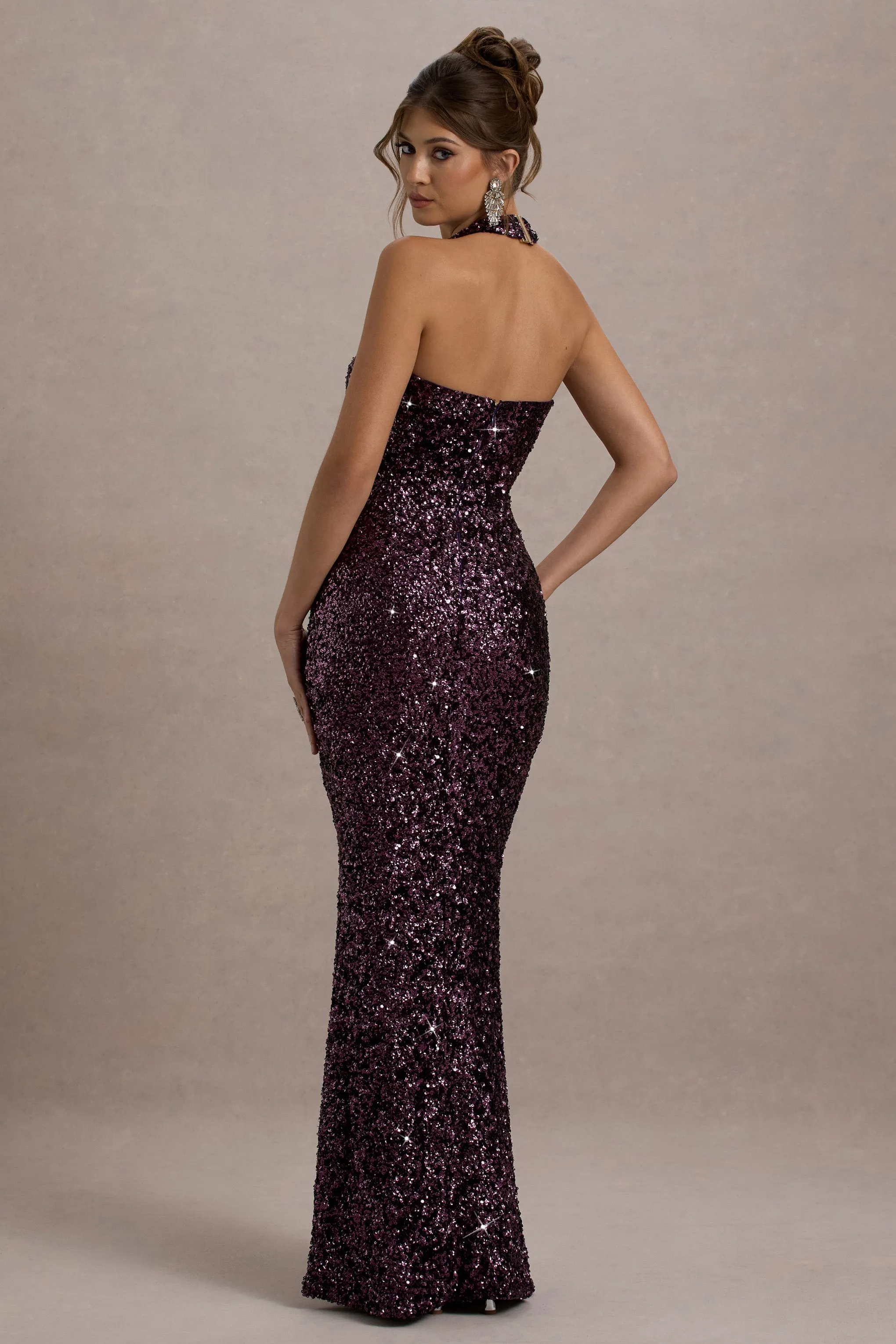 Superstition | Plum Sequin Plunge-Neck Split Maxi Dress sold by Club L London product image thumbnail 2
