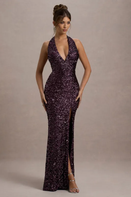 Superstition | Plum Sequin Plunge-Neck Split Maxi Dress sold by Club L London