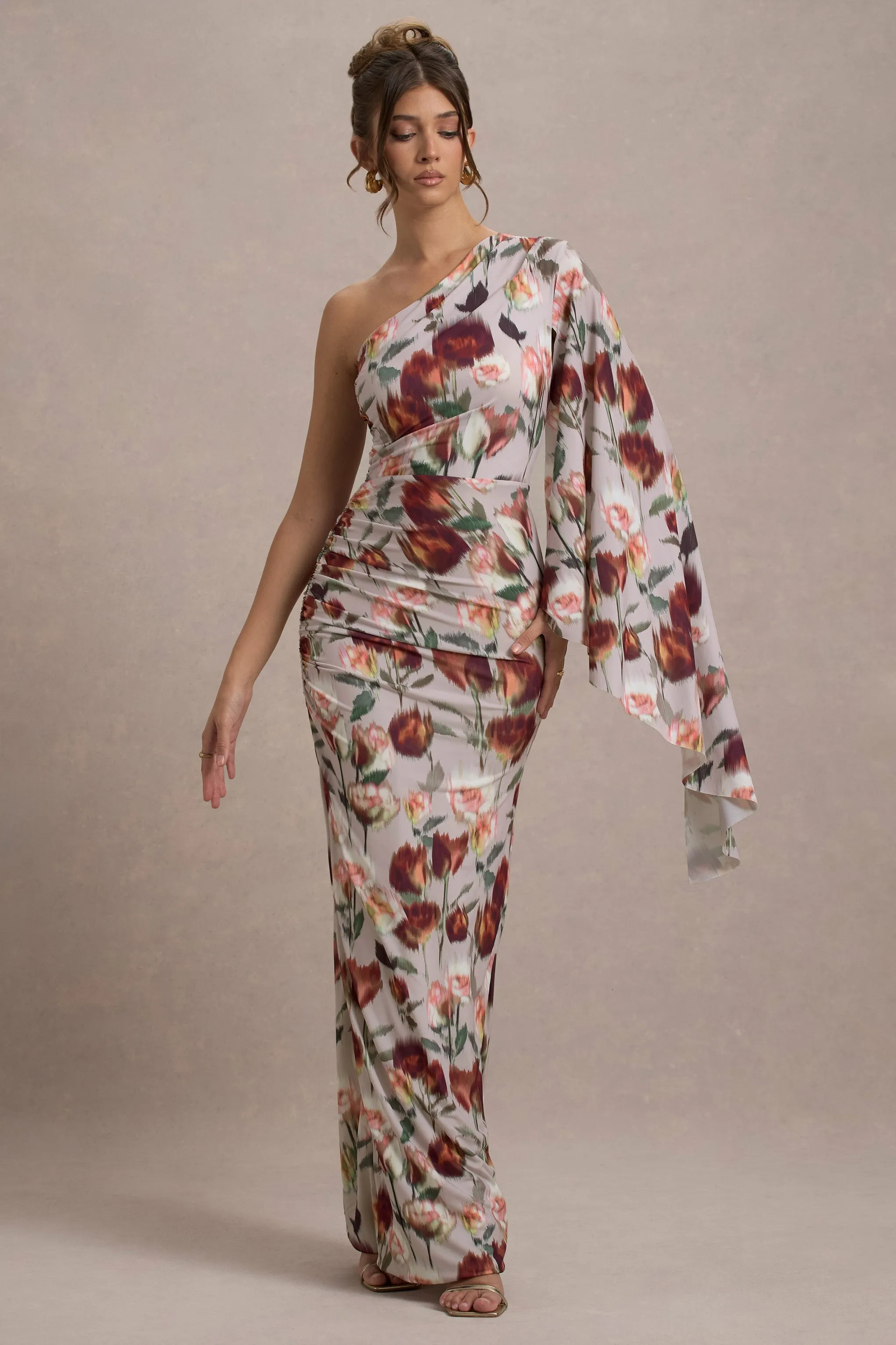Clementina | Cream Floral Print Asymmetric Cape Sleeve Maxi Dress sold by Club L London product image thumbnail 4