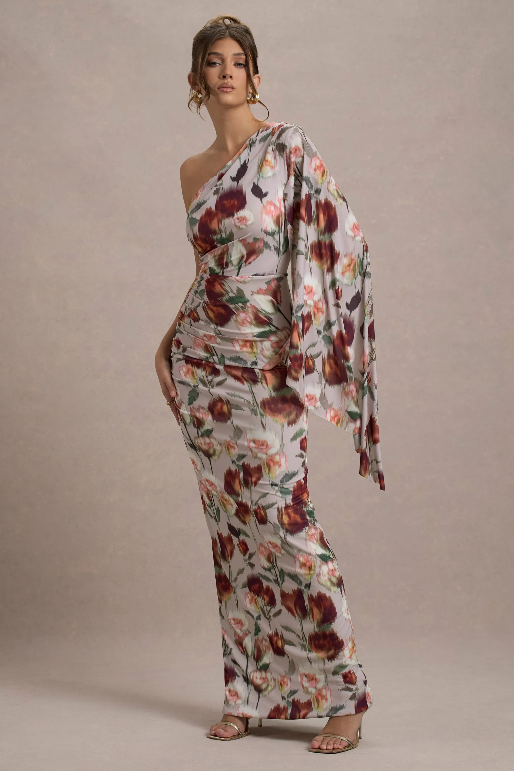 Clementina | Cream Floral Print Asymmetric Cape Sleeve Maxi Dress sold by Club L London product image thumbnail 5