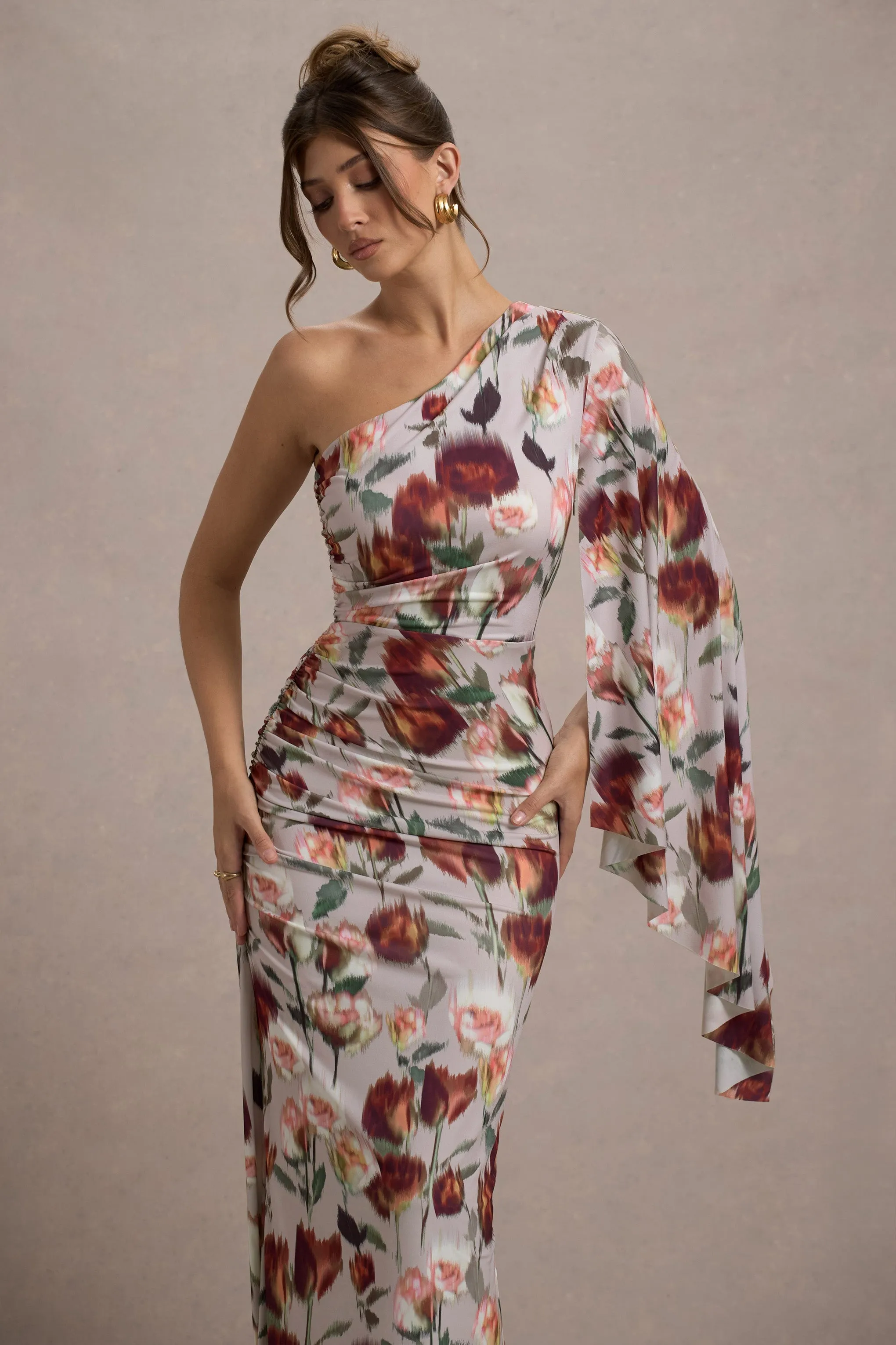 Clementina | Cream Floral Print Asymmetric Cape Sleeve Maxi Dress sold by Club L London product image thumbnail 3