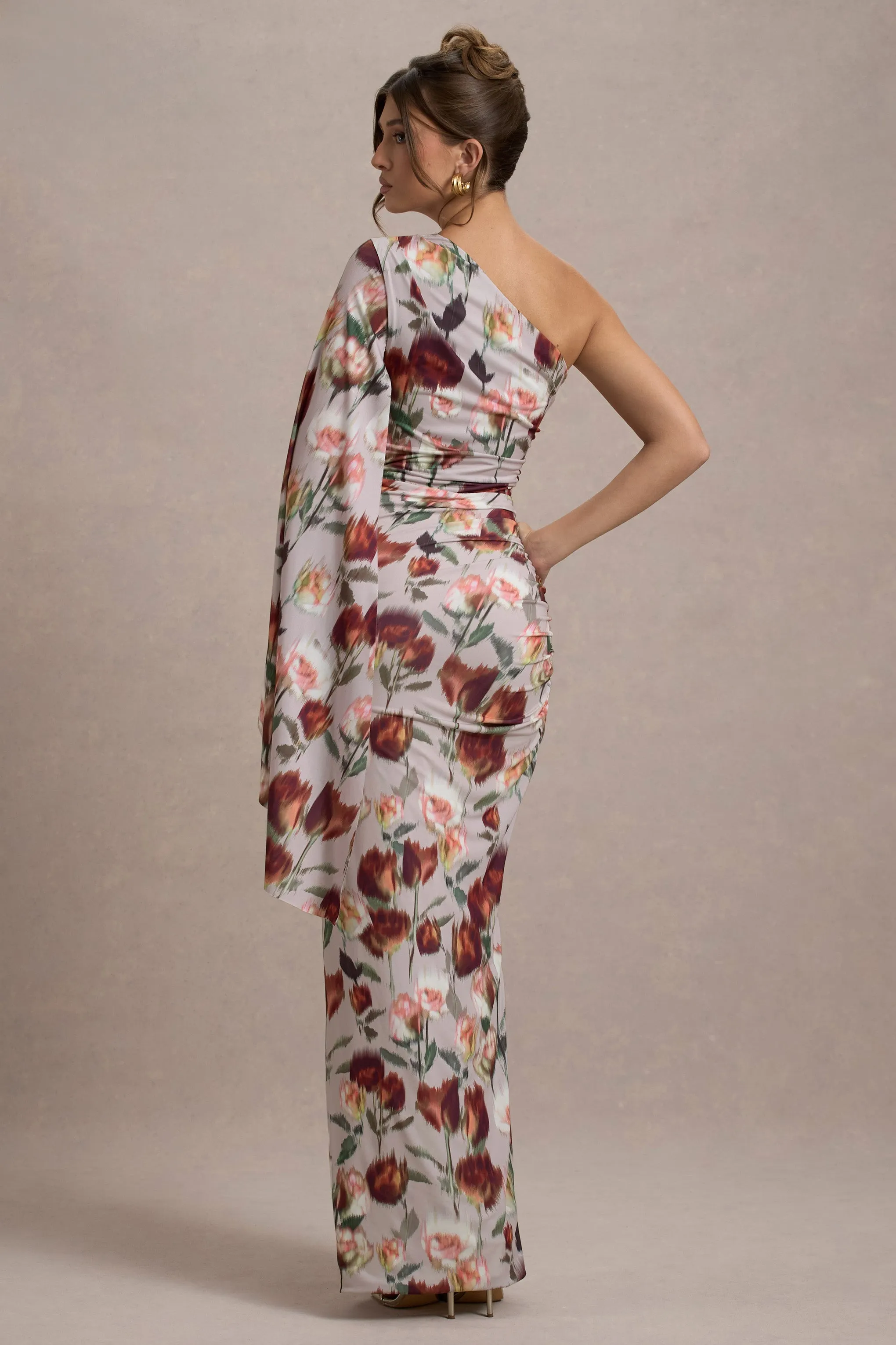 Clementina | Cream Floral Print Asymmetric Cape Sleeve Maxi Dress sold by Club L London product image thumbnail 2