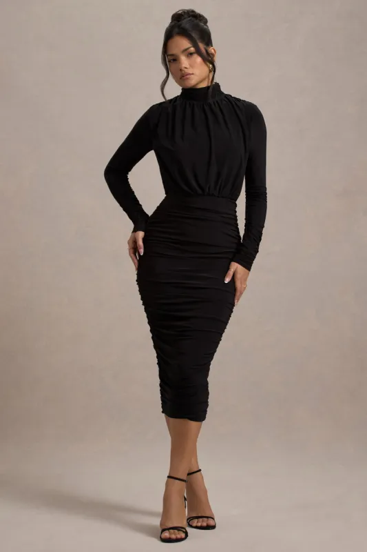 Dasha |  Black Ruched High-Neck Long-Sleeve Midi Dress sold by Club L London