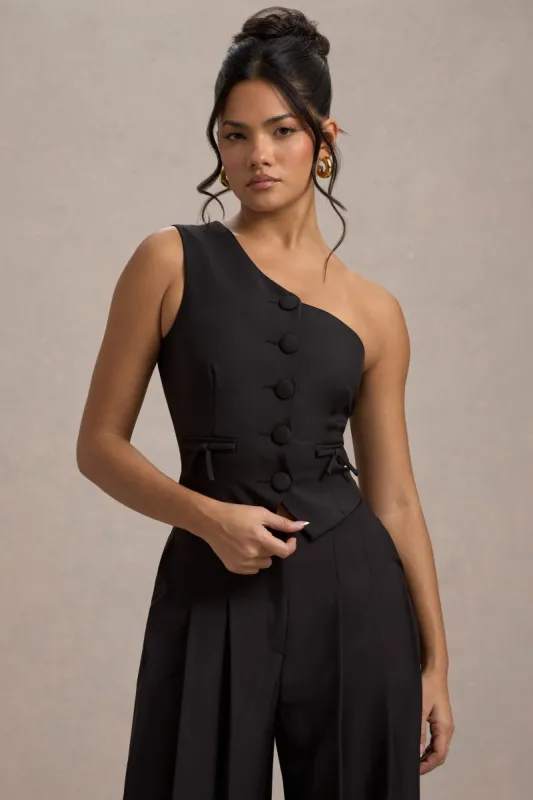 Lelia | Black One Shoulder Tailored Top With Bows sold by Club L London