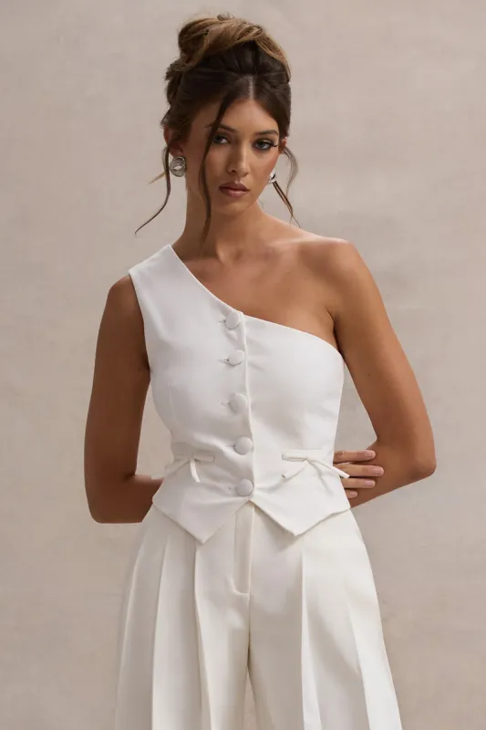 Lelia | Cream One Shoulder Tailored Top With Bows sold by Club L London