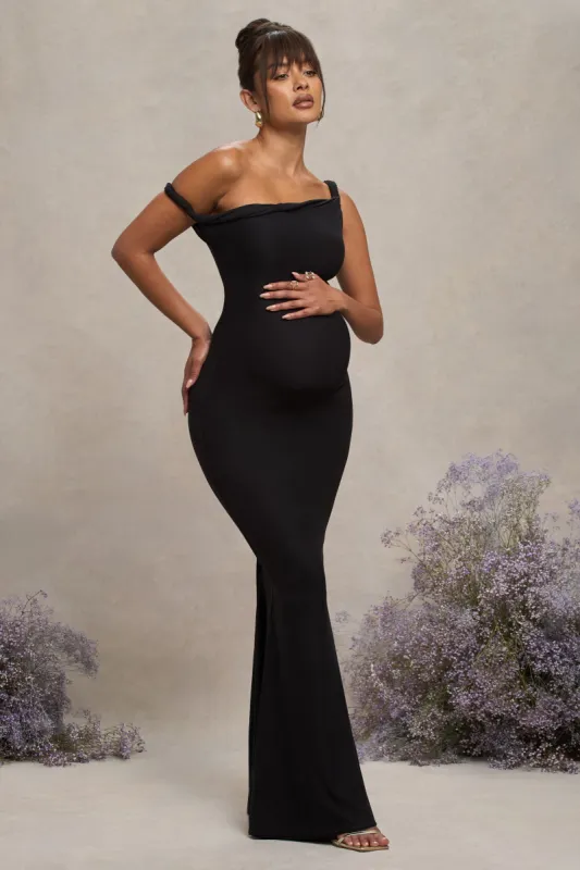 Lita | Black Twisted Asymmetric Maternity Maxi Dress sold by Club L London