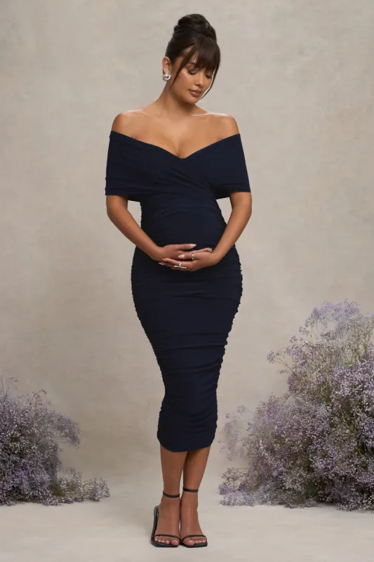 Unwrapped | Navy Ruched Twist Bardot Maternity Midi Dress sold by Club L London