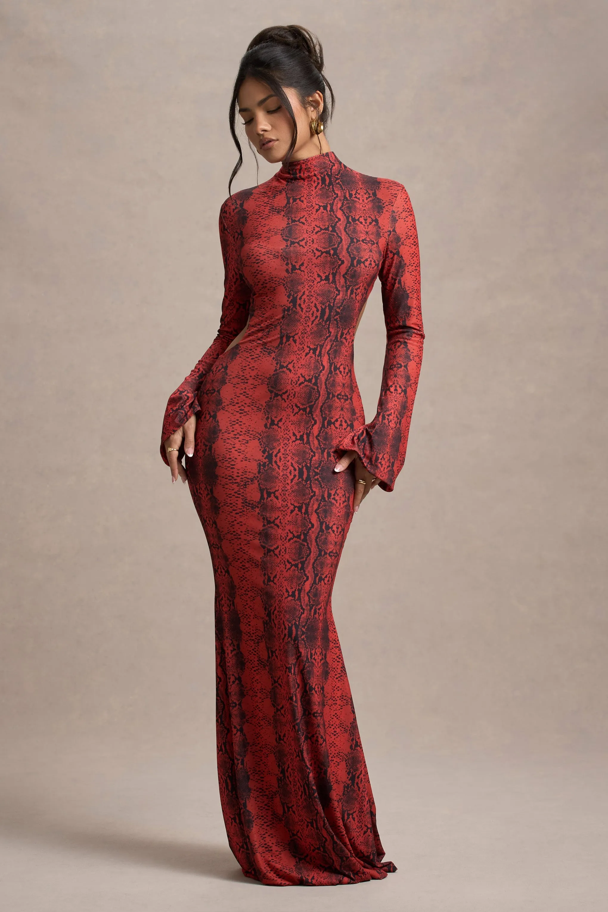 Arabia | Red Snake Print High-Neck Cut-Out Maxi Dress sold by Club L London product image thumbnail 4