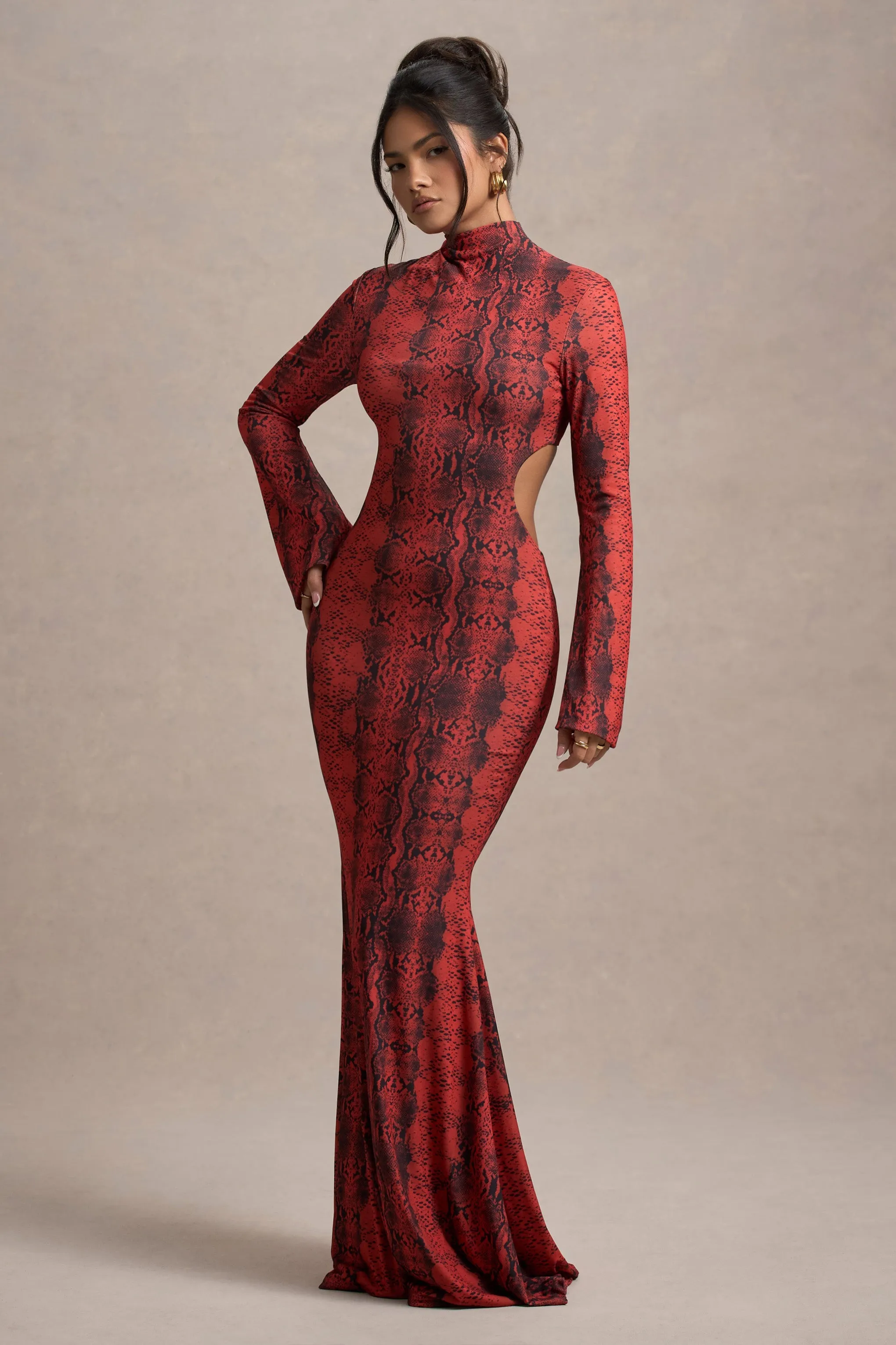 Arabia | Red Snake Print High-Neck Cut-Out Maxi Dress sold by Club L London
