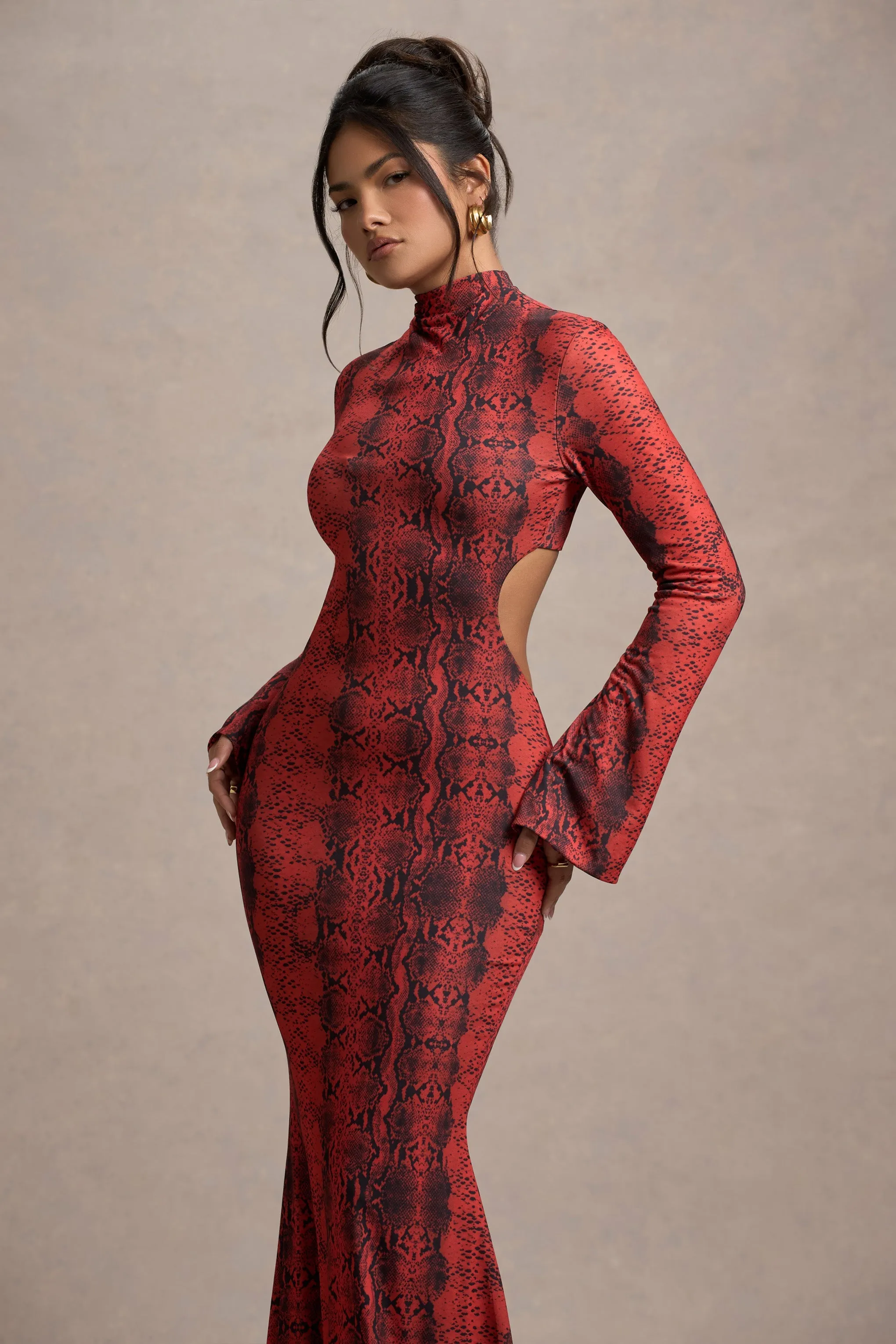 Arabia | Red Snake Print High-Neck Cut-Out Maxi Dress sold by Club L London product image thumbnail 3