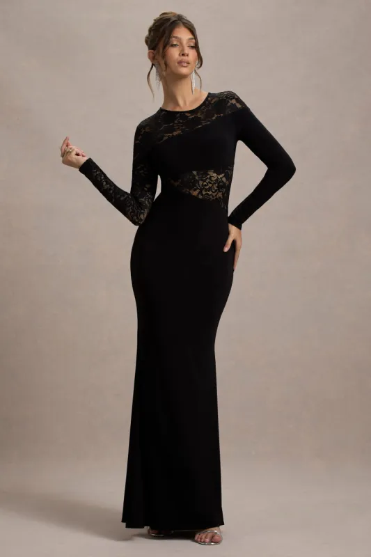 Runway | Black Lace Asymmetric Cut-Out Maxi Dress sold by Club L London