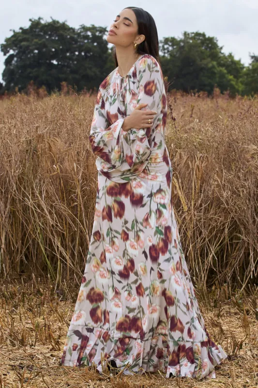 Althena | Cream Floral Print Balloon-Sleeve Maxi Dress sold by Club L London