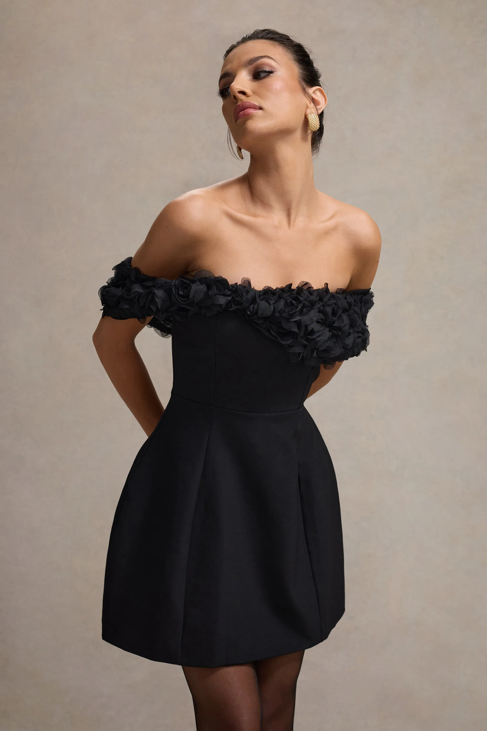 Micro Muse | Black Floral Bardot Mini Dress sold by Club L London product image thumbnail 3