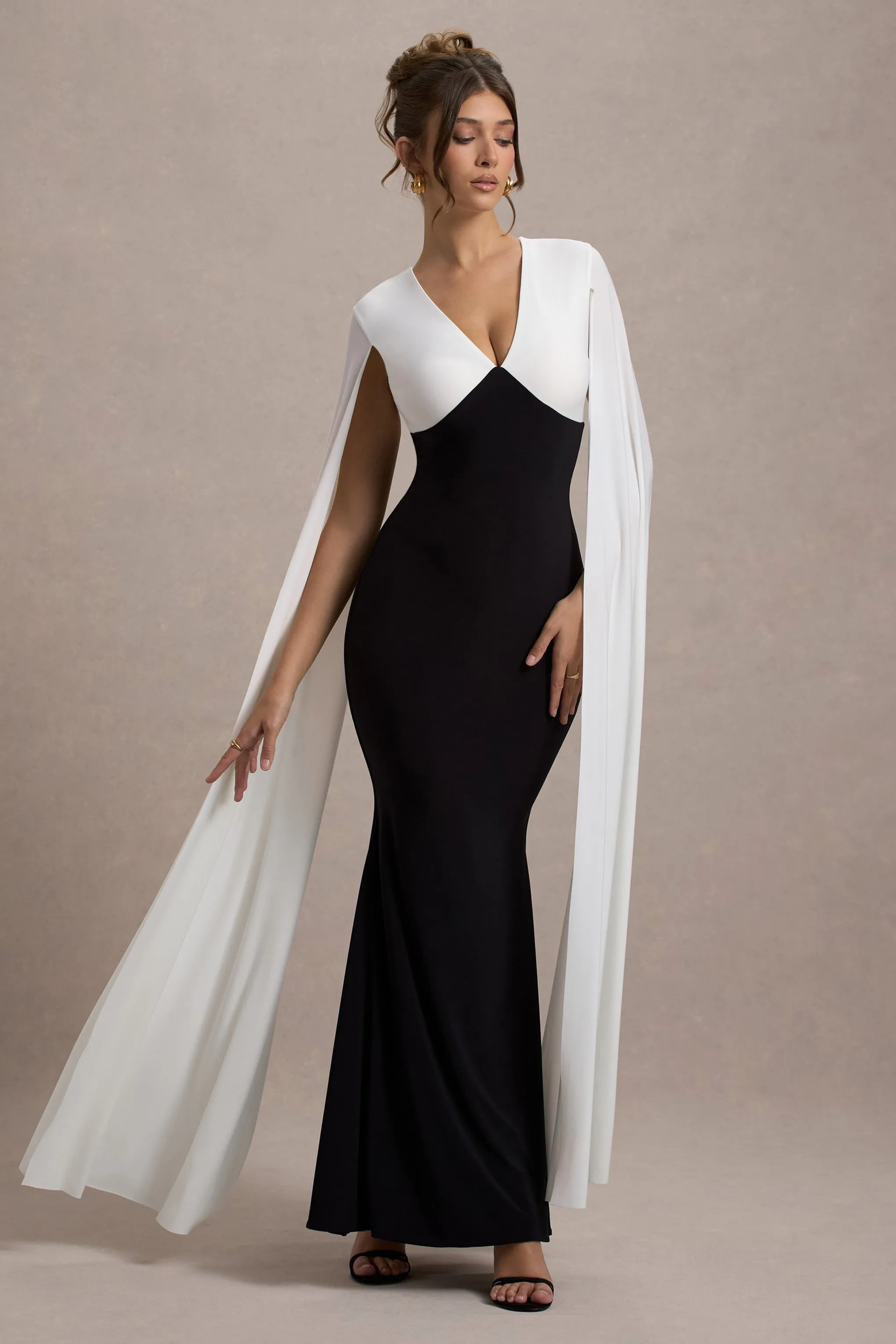 Grace Kelly | Black & White Plunge-Neck Maxi Dress With Cape Sleeves sold by Club L London