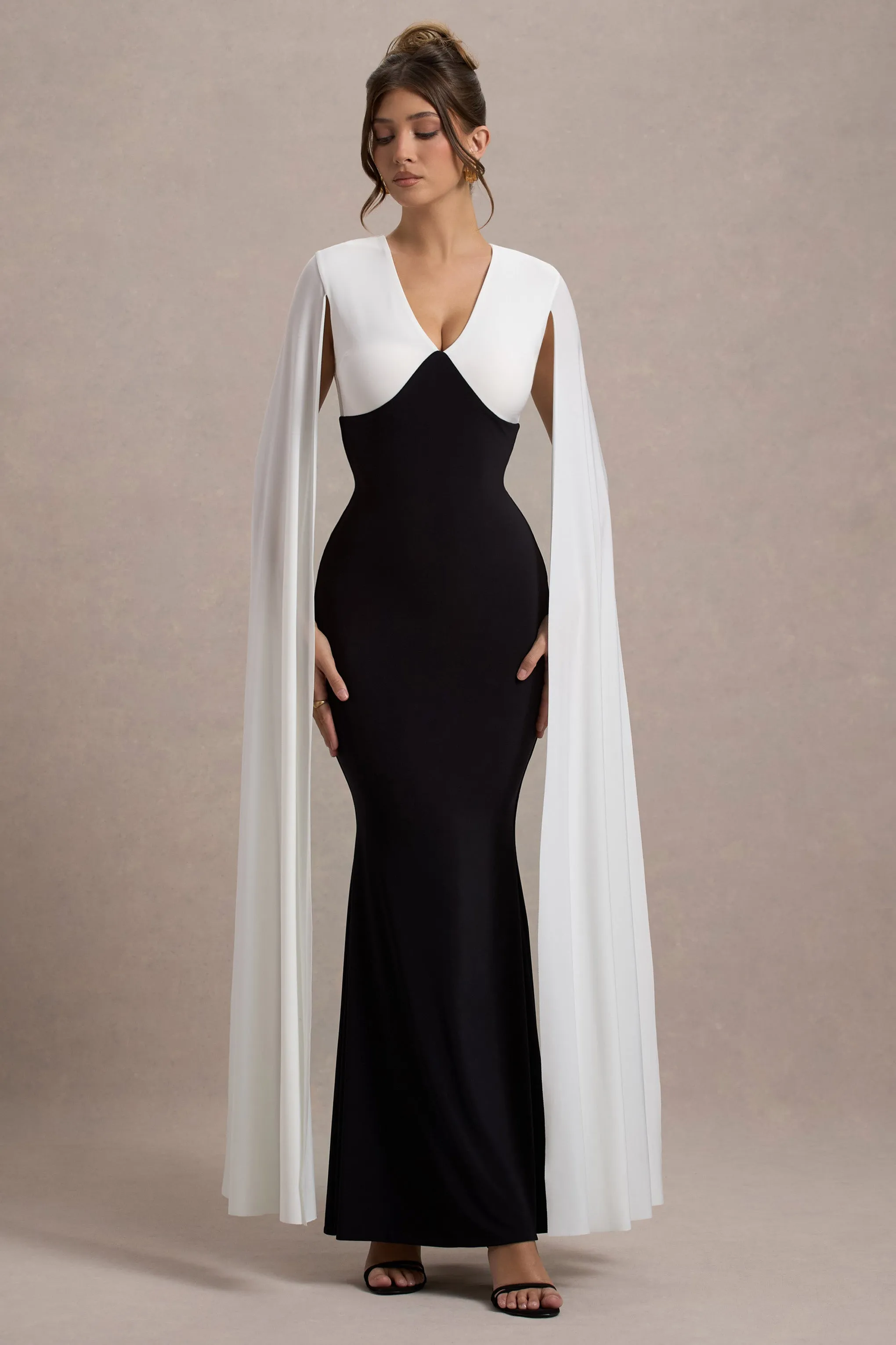 Grace Kelly | Black & White Plunge-Neck Maxi Dress With Cape Sleeves sold by Club L London product image thumbnail 4