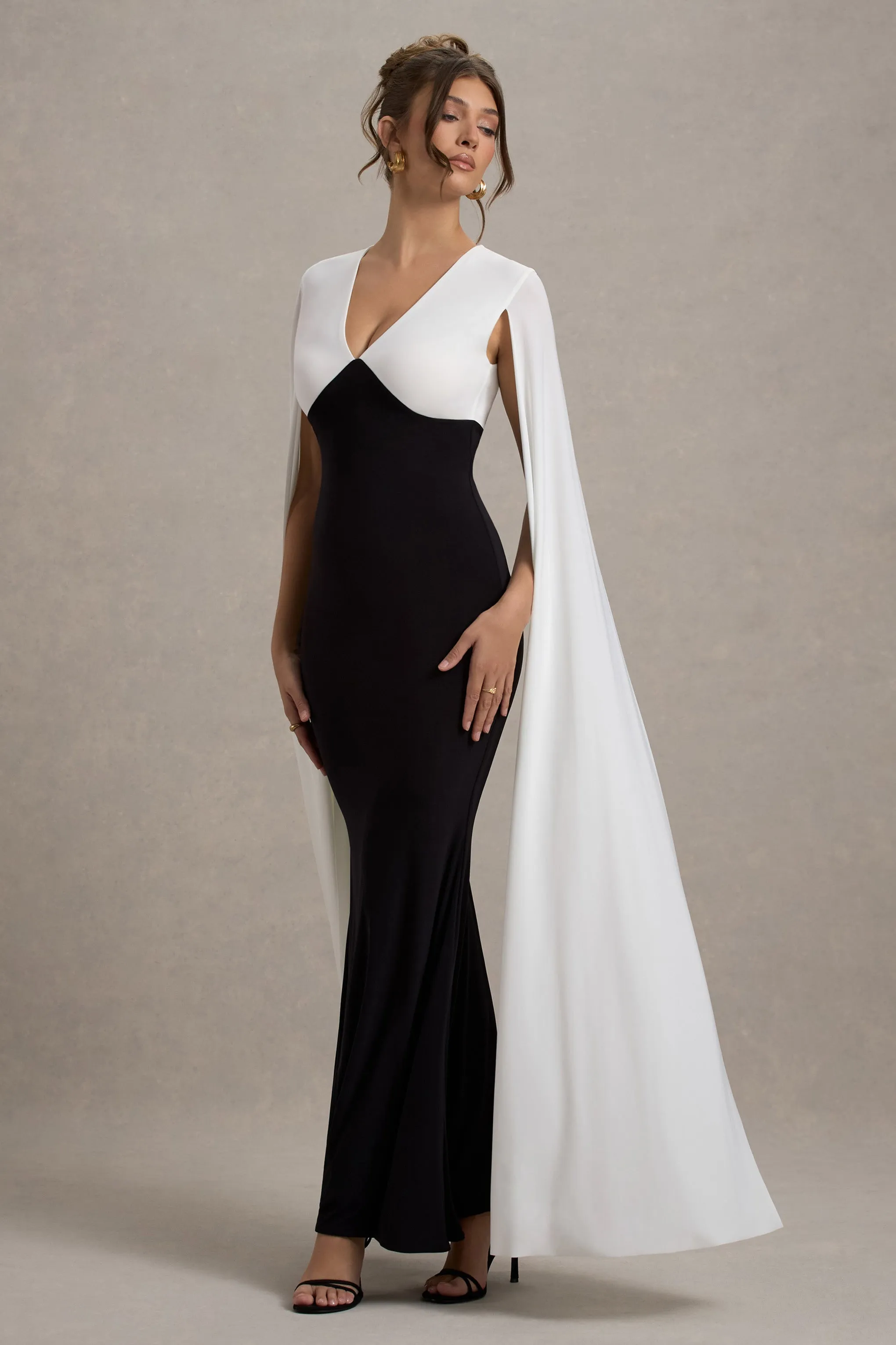 Grace Kelly | Black & White Plunge-Neck Maxi Dress With Cape Sleeves sold by Club L London product image thumbnail 5