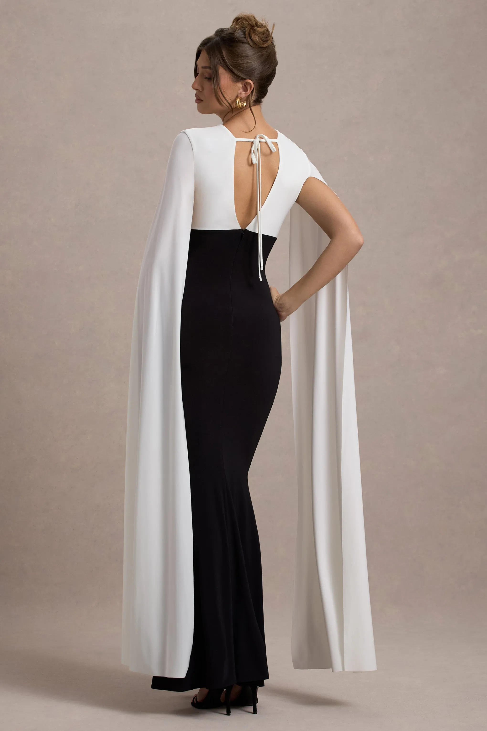 Grace Kelly | Black & White Plunge-Neck Maxi Dress With Cape Sleeves sold by Club L London product image thumbnail 2
