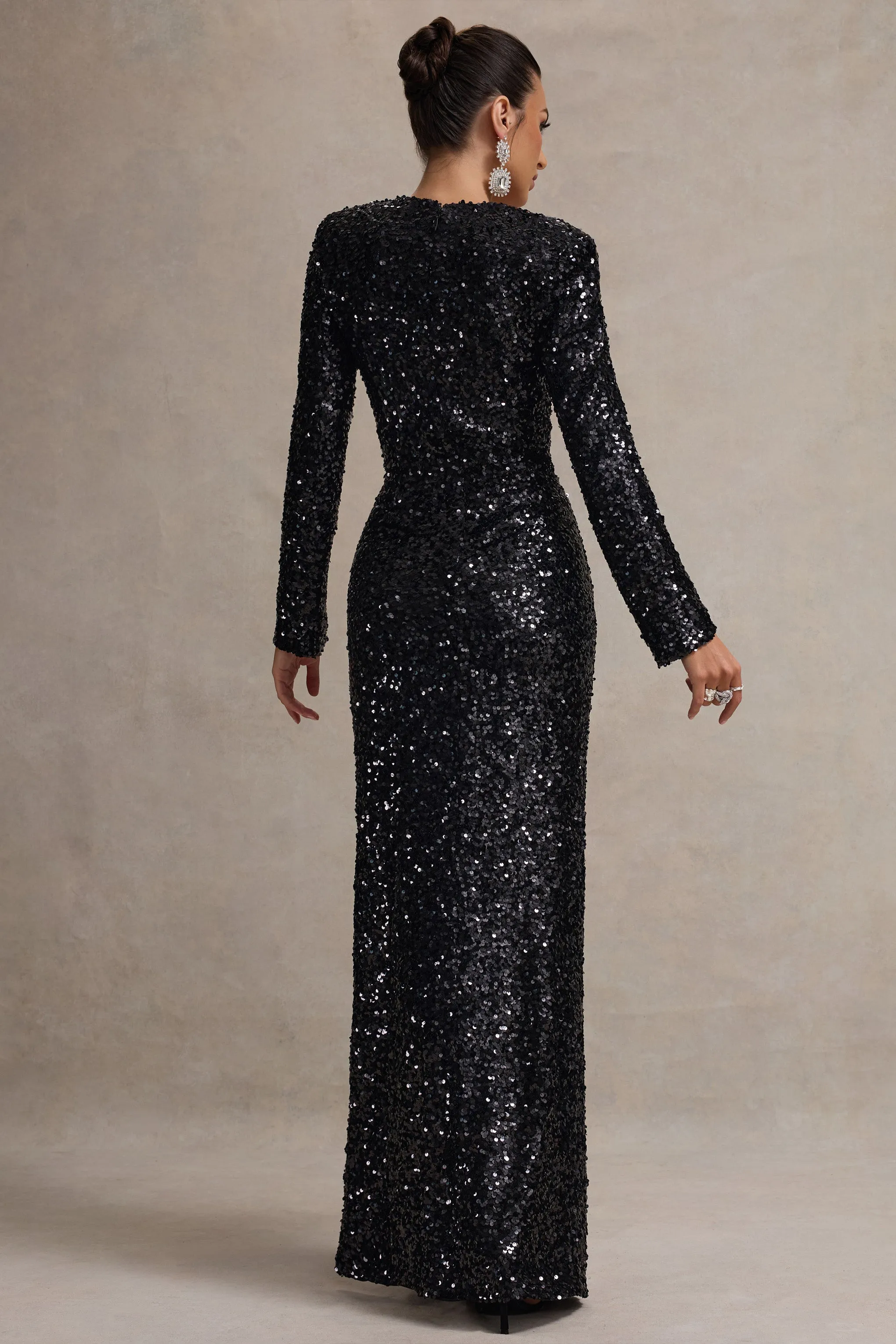My Dream | Black Sequin Square-Neck Long-Sleeve Maxi Dress sold by Club L London product image thumbnail 2
