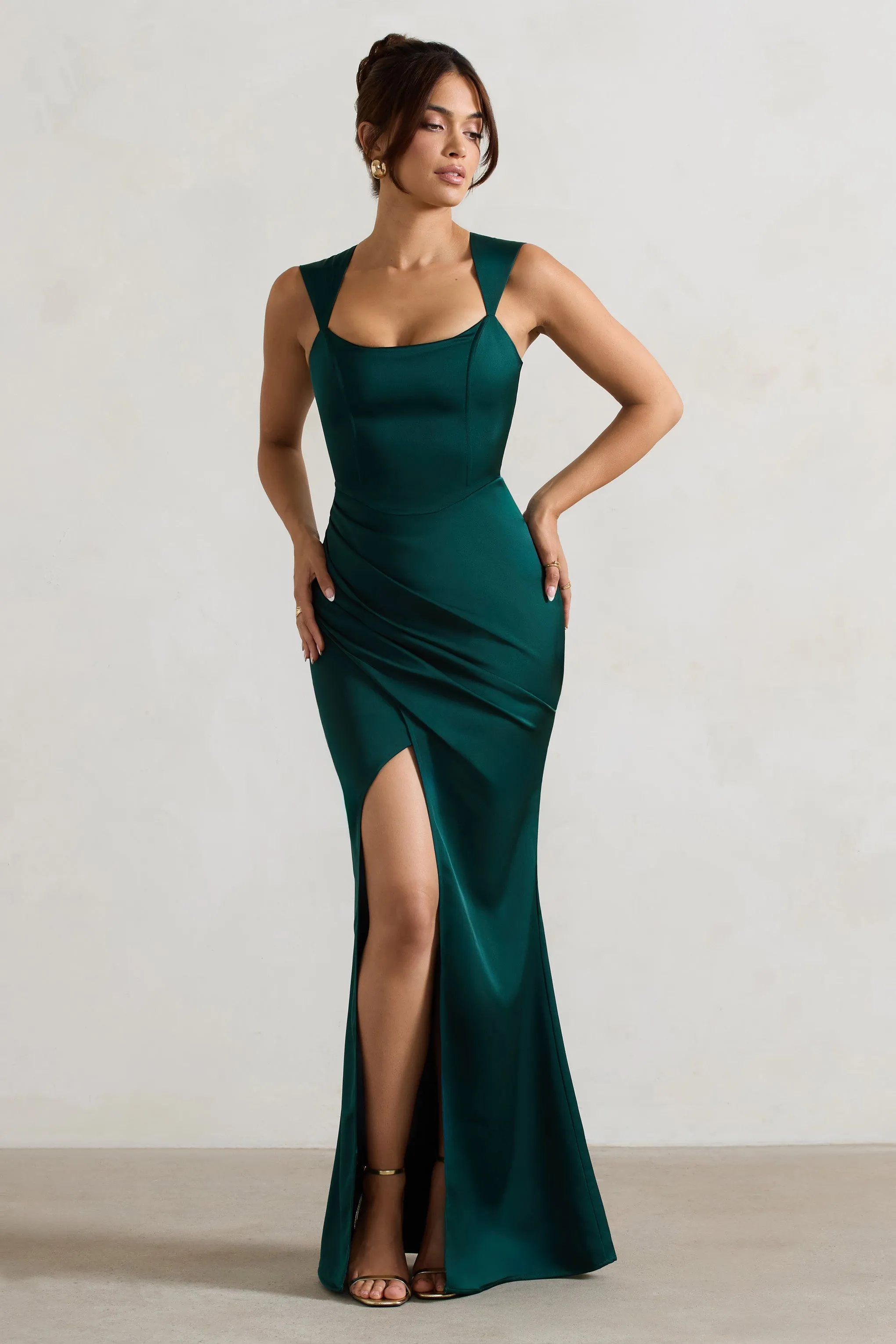 A Romantic | Green Satin Corset Wrap Maxi Dress sold by Club L London product image thumbnail 5