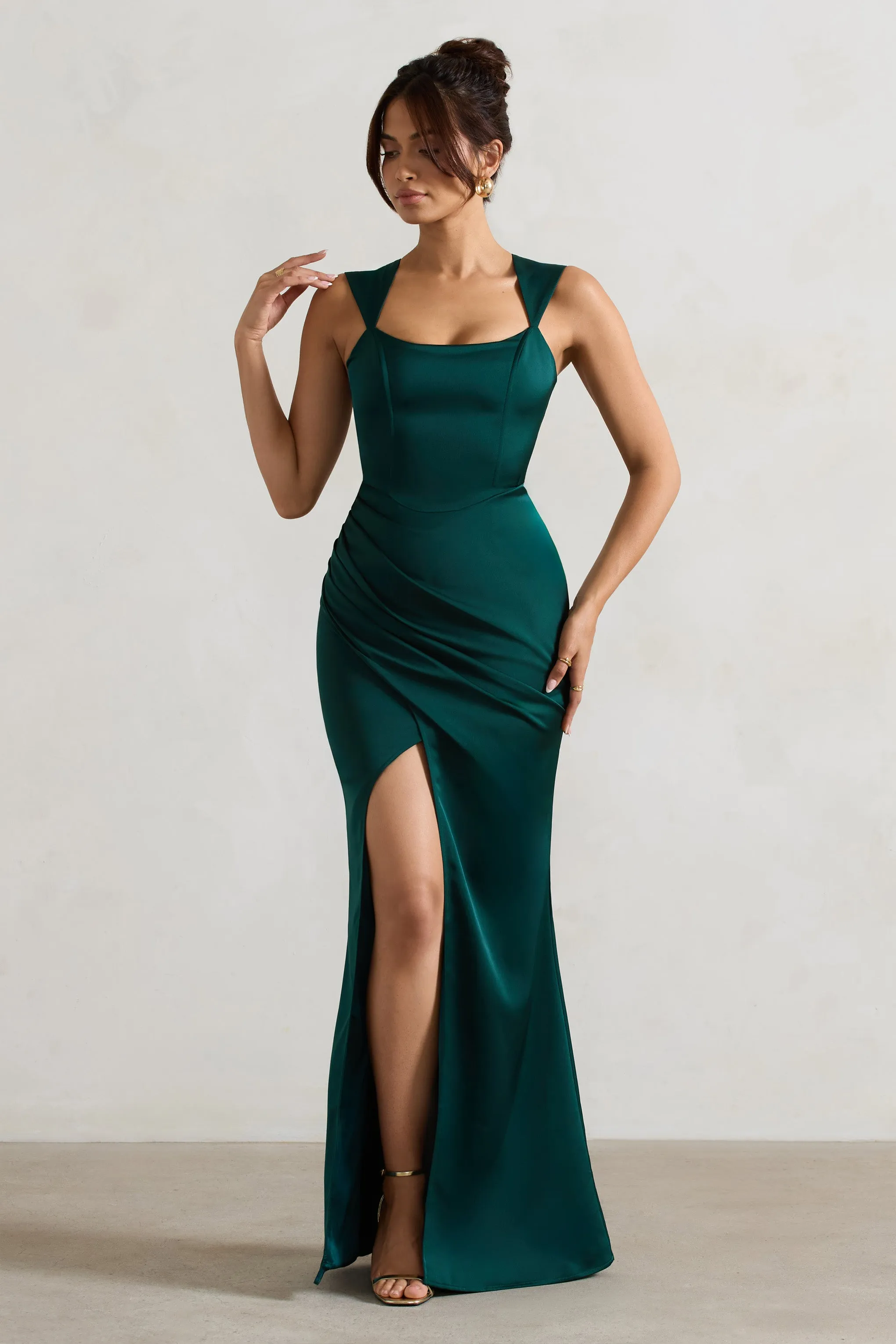 A Romantic | Green Satin Corset Wrap Maxi Dress sold by Club L London