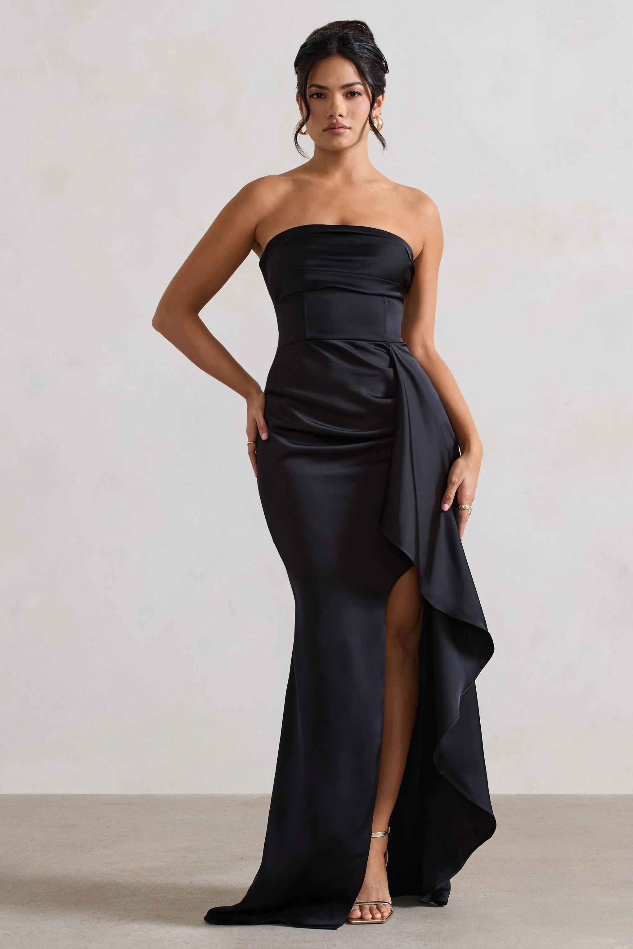 Ace | Black Satin Bandeau Split Maxi Dress With Ruffle Drape sold by Club L London