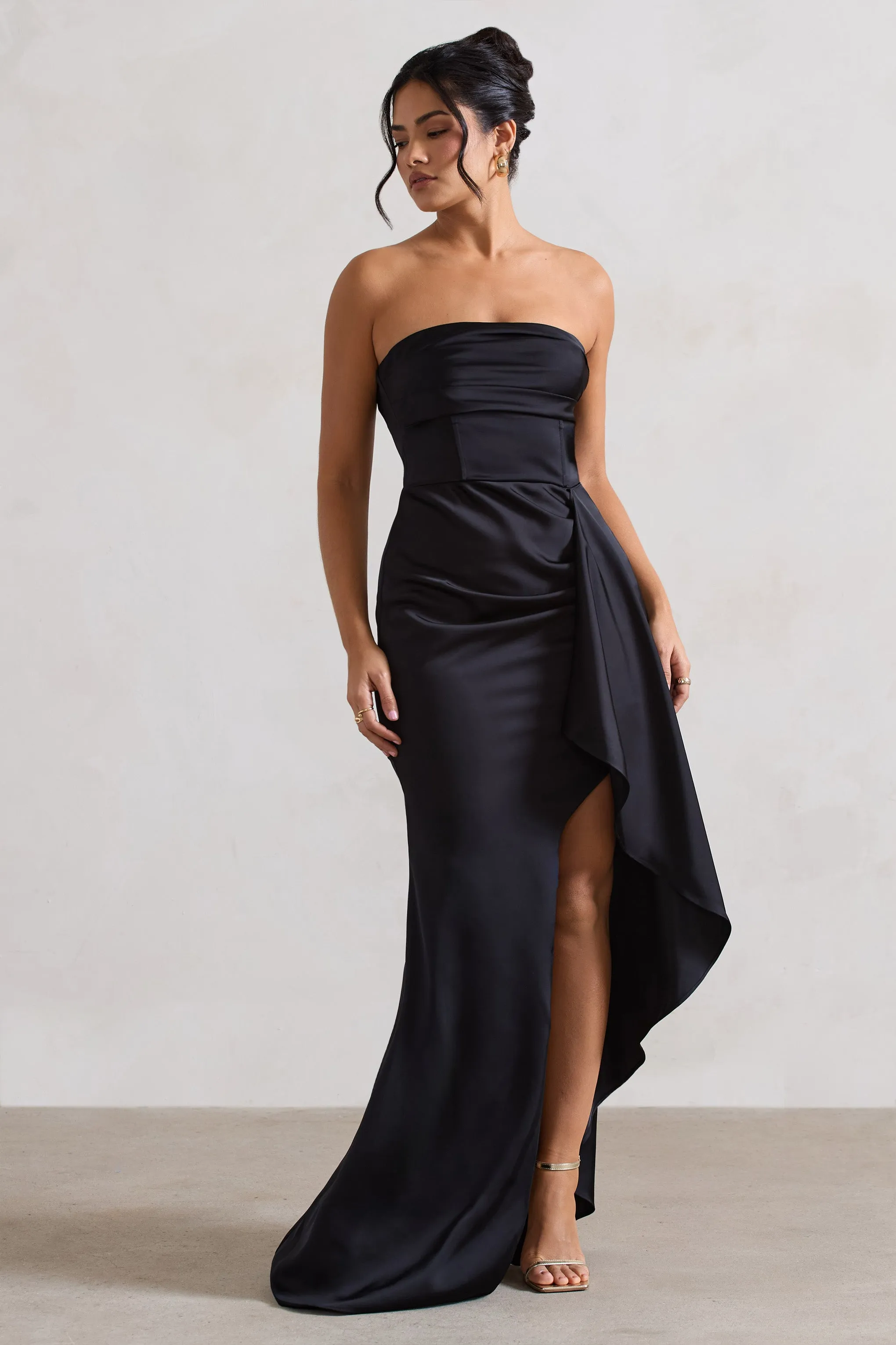 Ace | Black Satin Bandeau Split Maxi Dress With Ruffle Drape sold by Club L London product image thumbnail 3