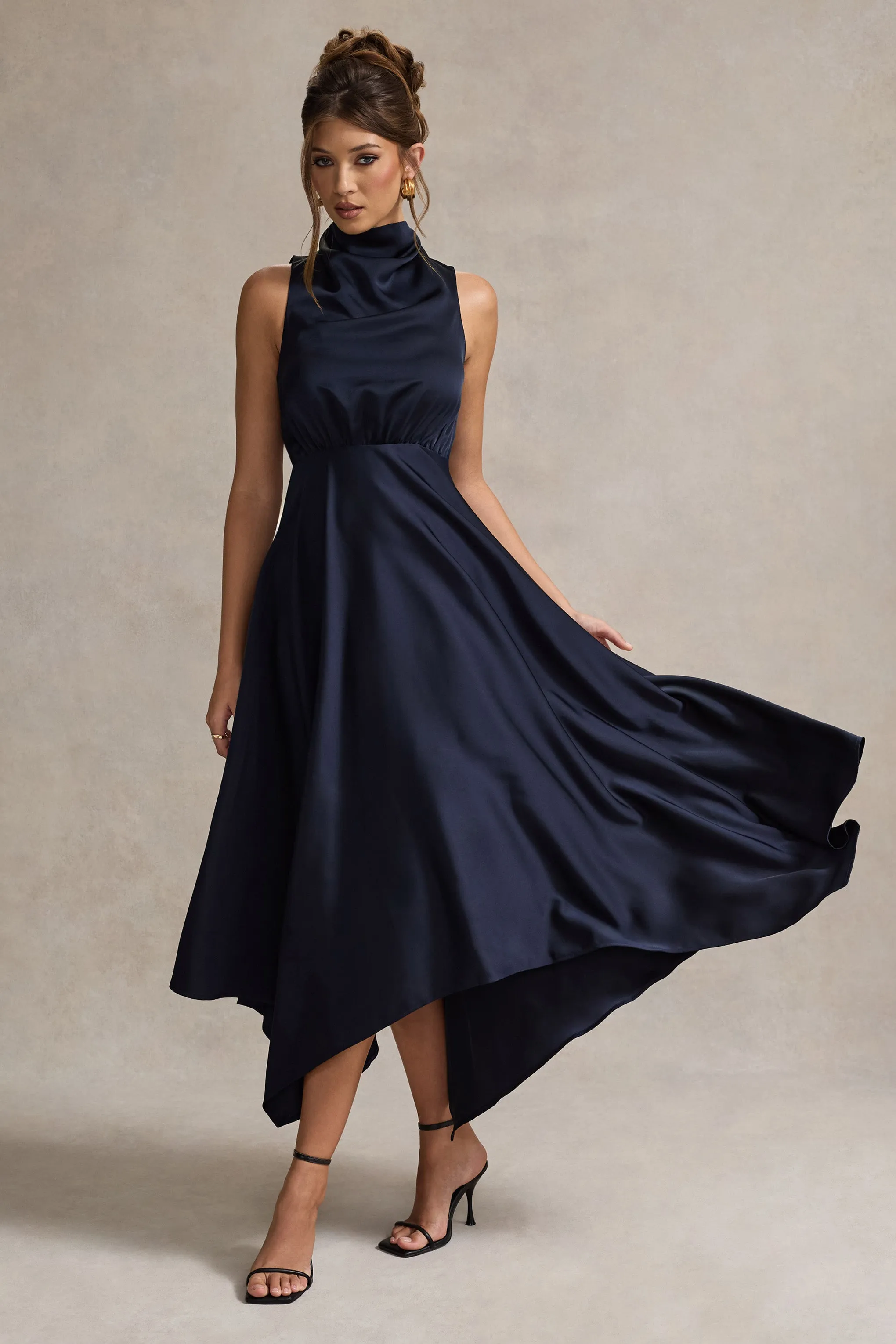 Kerri | Navy Satin Cowl-Neck Maxi Dress sold by Club L London