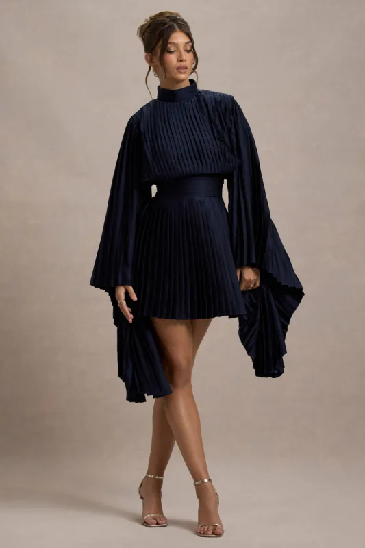 Charity | Navy Pleated High-Neck Mini Dress With Cape Sleeves sold by Club L London