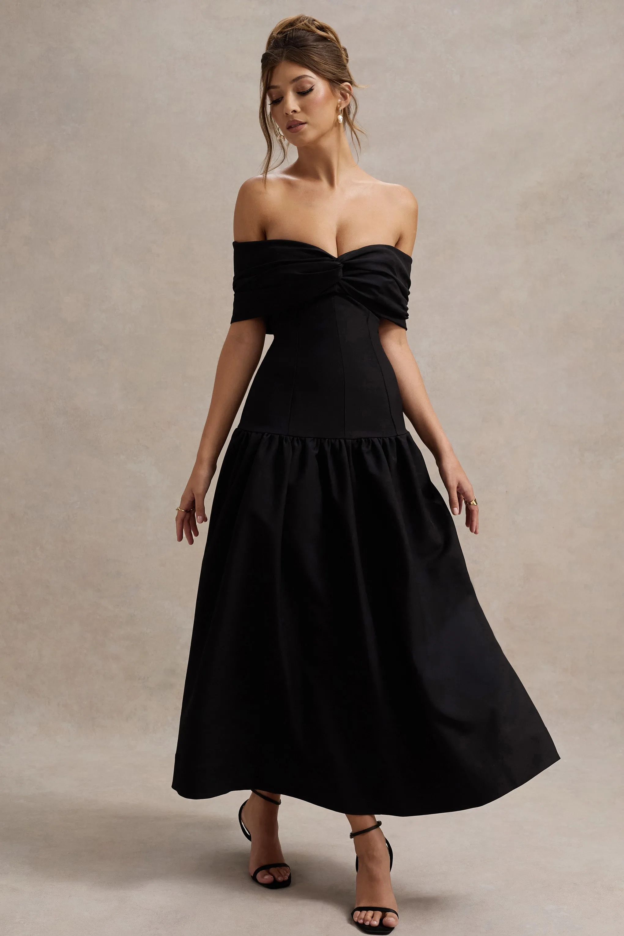 Marguerite | Black Twisted Bardot Drop-Waist Maxi Dress sold by Club L London product image thumbnail 4