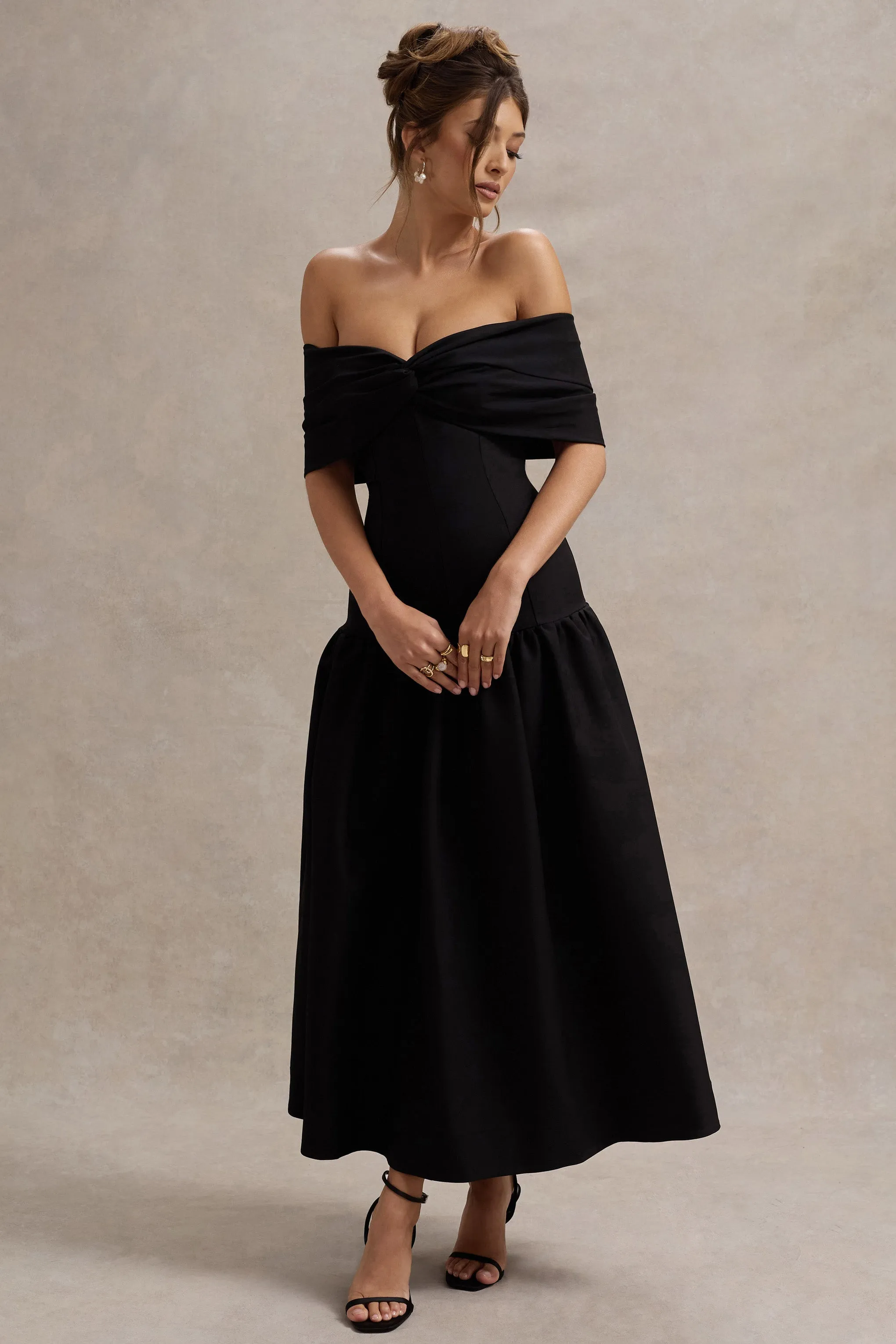Marguerite | Black Twisted Bardot Drop-Waist Maxi Dress sold by Club L London product image thumbnail 5
