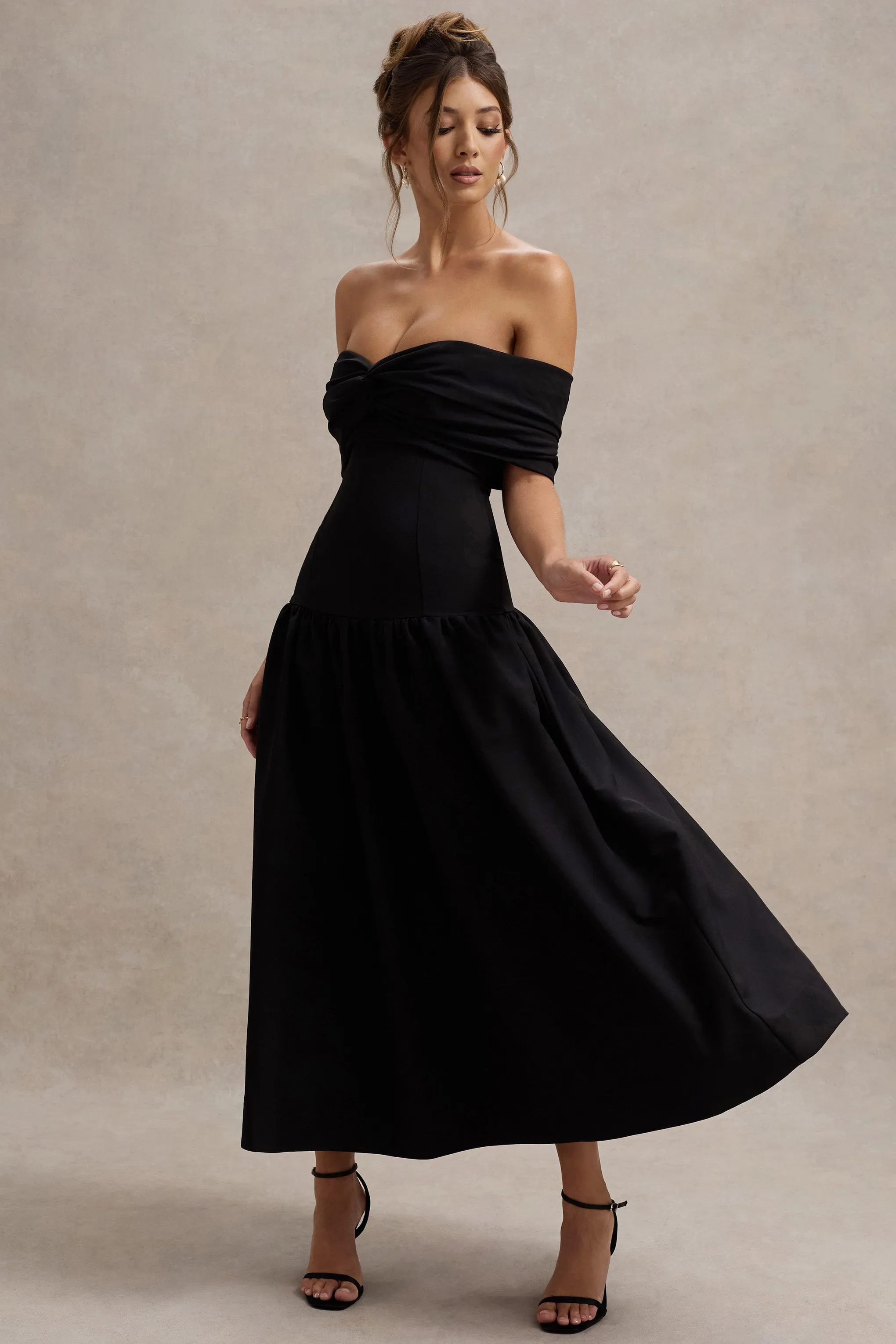 Marguerite | Black Twisted Bardot Drop-Waist Maxi Dress sold by Club L London