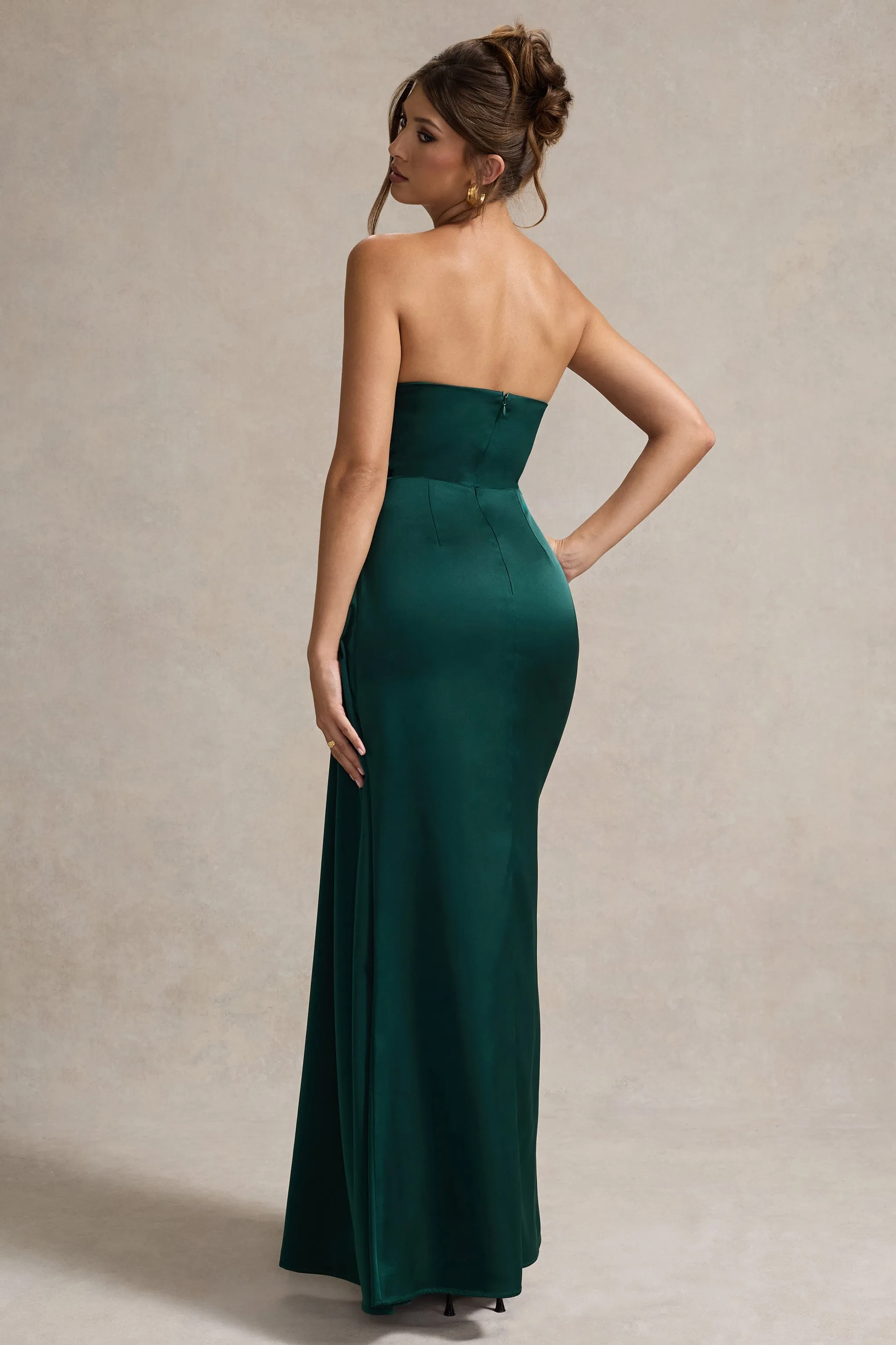 Hollywood | Bottle Green Satin Strapless Draped Maxi Dress sold by Club L London product image thumbnail 2